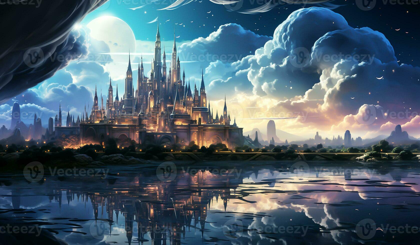 Landscape with big castle and its reflection in the river. AI generated photo