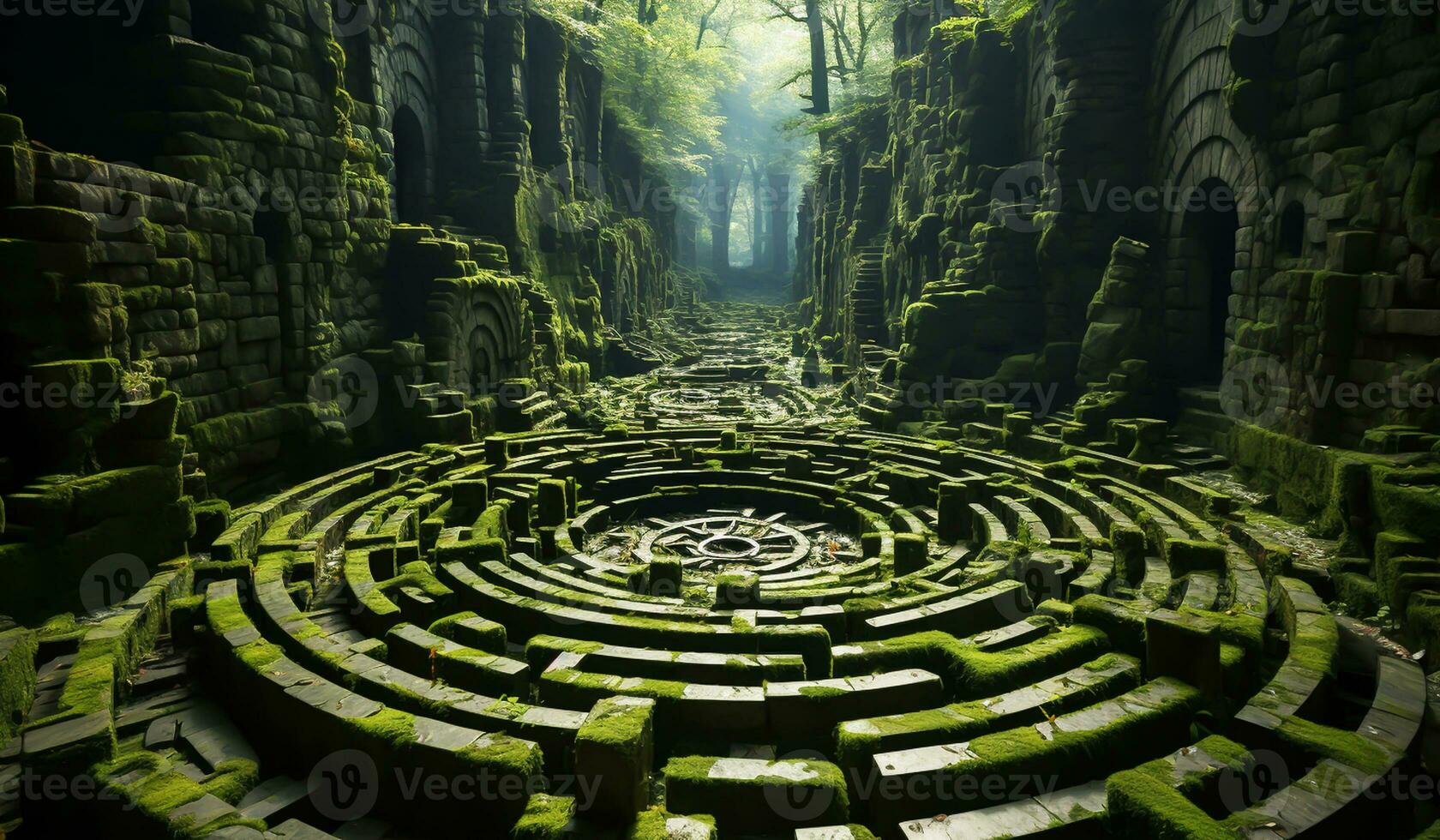 Fantastic forest with a huge green labyrinth inside. AI generated photo