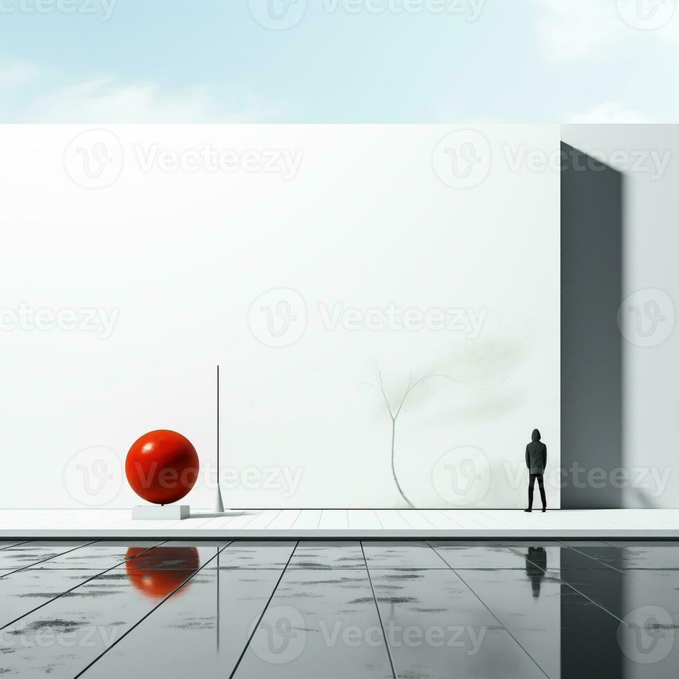 Minimalist decor in white painted exterior house, with small red detail. AI generated photo