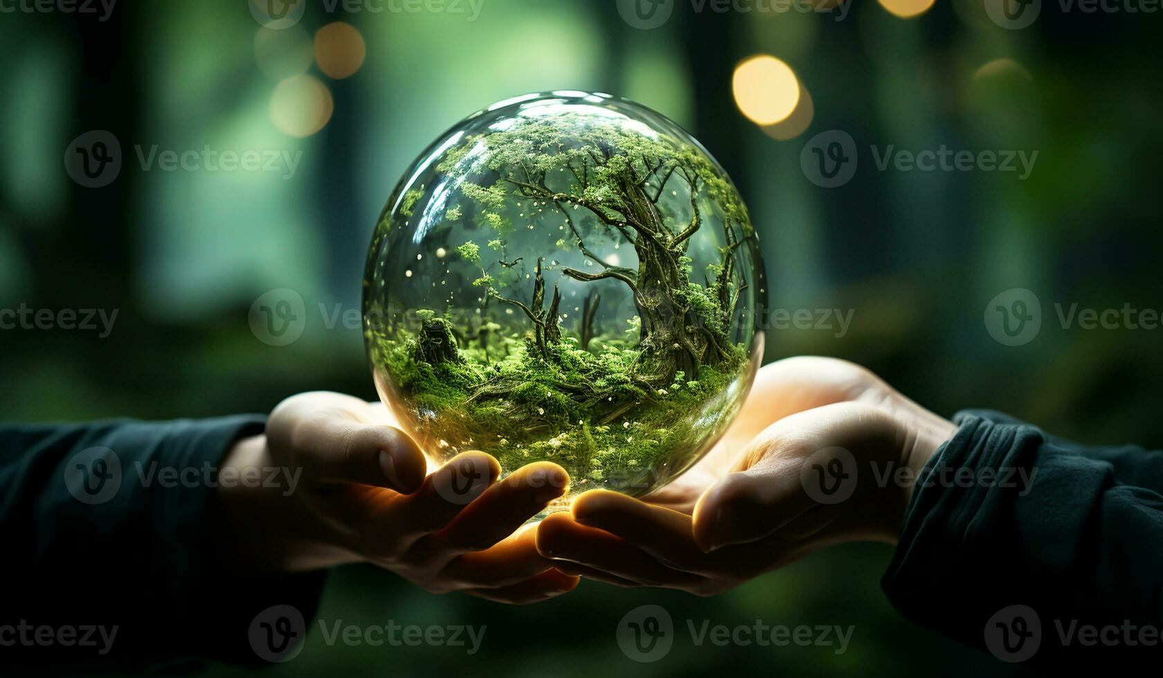 Transparent ball with greenery in hands. Ecology and environment concept. AI generated photo