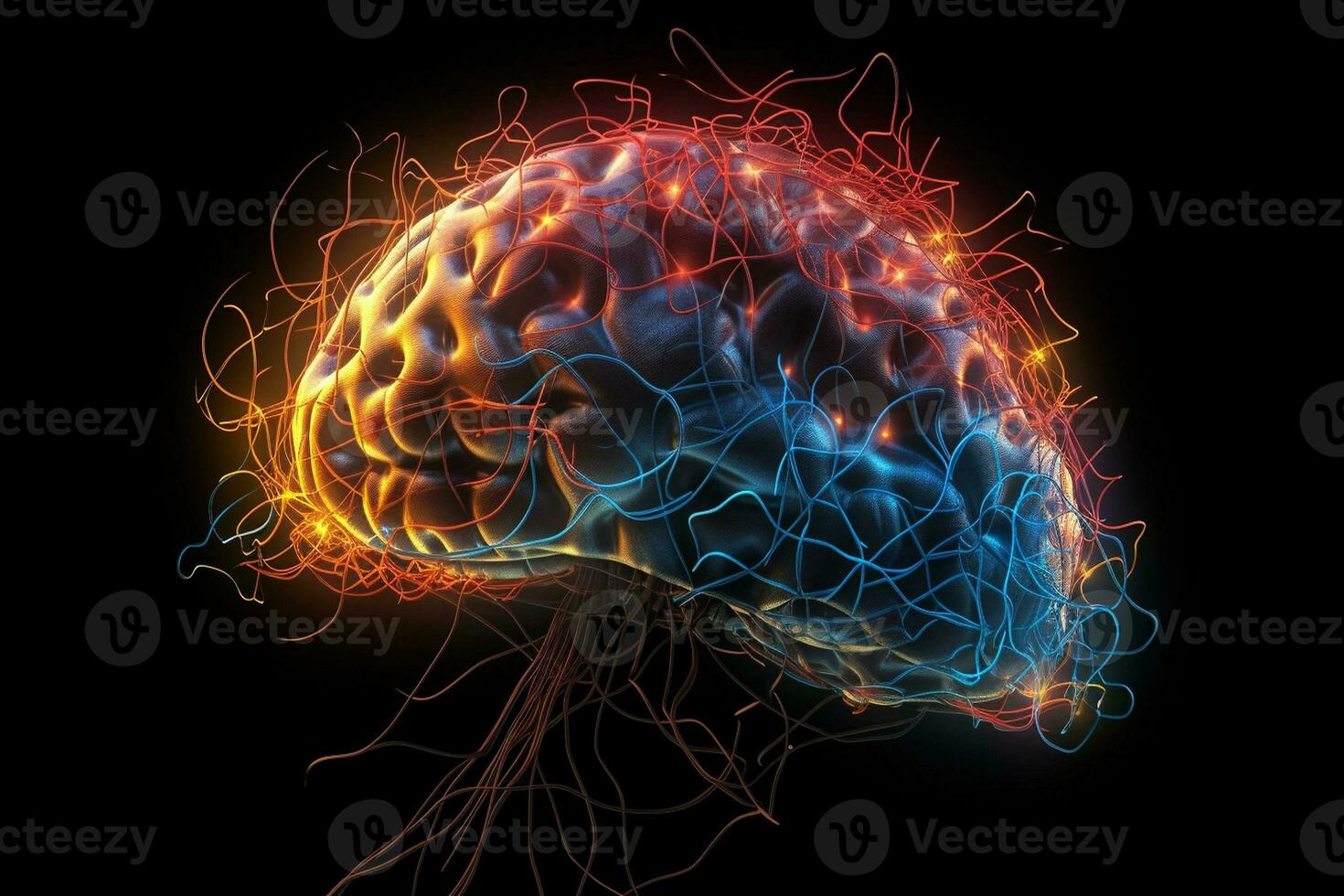 Digital glowing human brain with electrical nerve impulses. AI generated photo