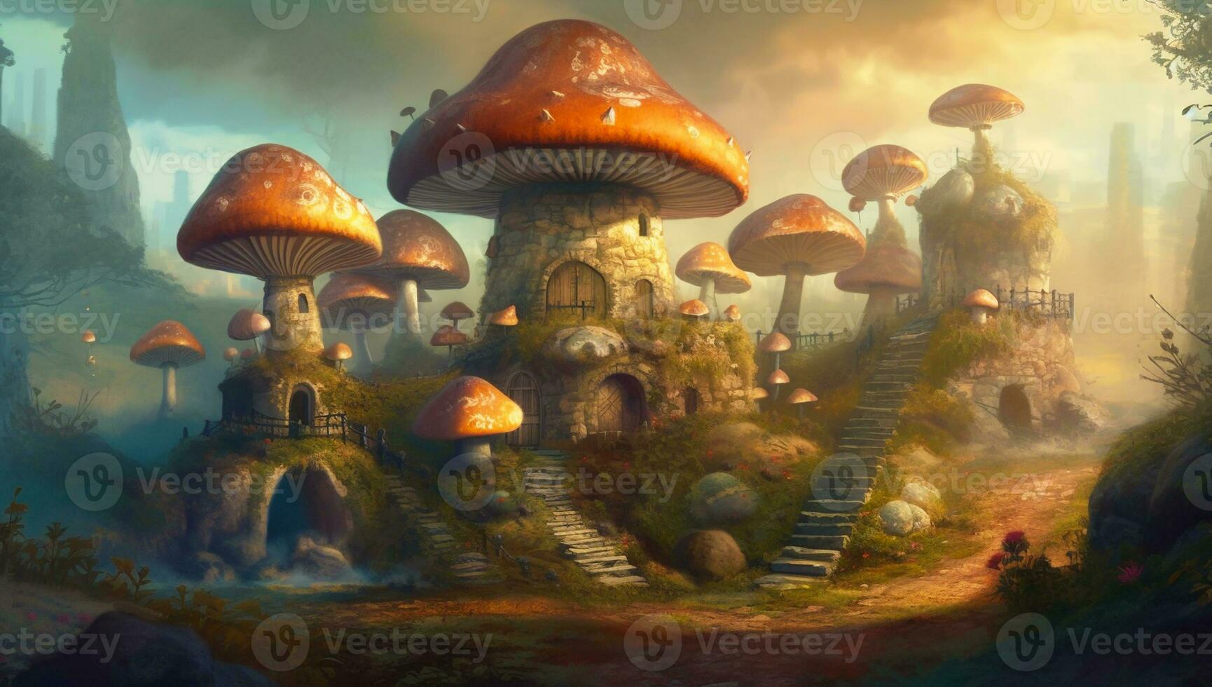 City illustration of mushroom shaped houses and shrouded in fog - Generative AI photo