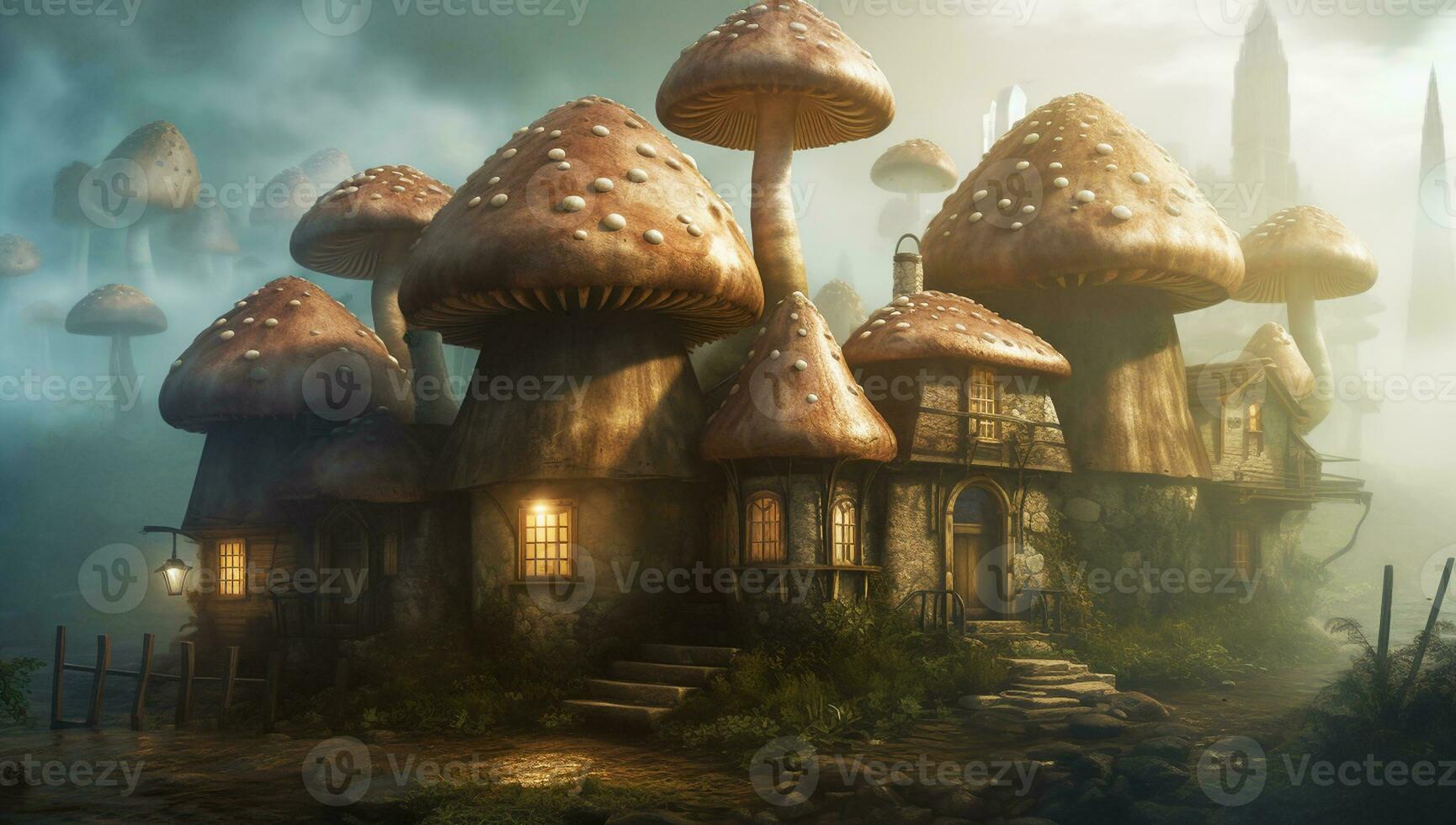 City illustration of mushroom shaped houses and shrouded in fog - Generative AI photo