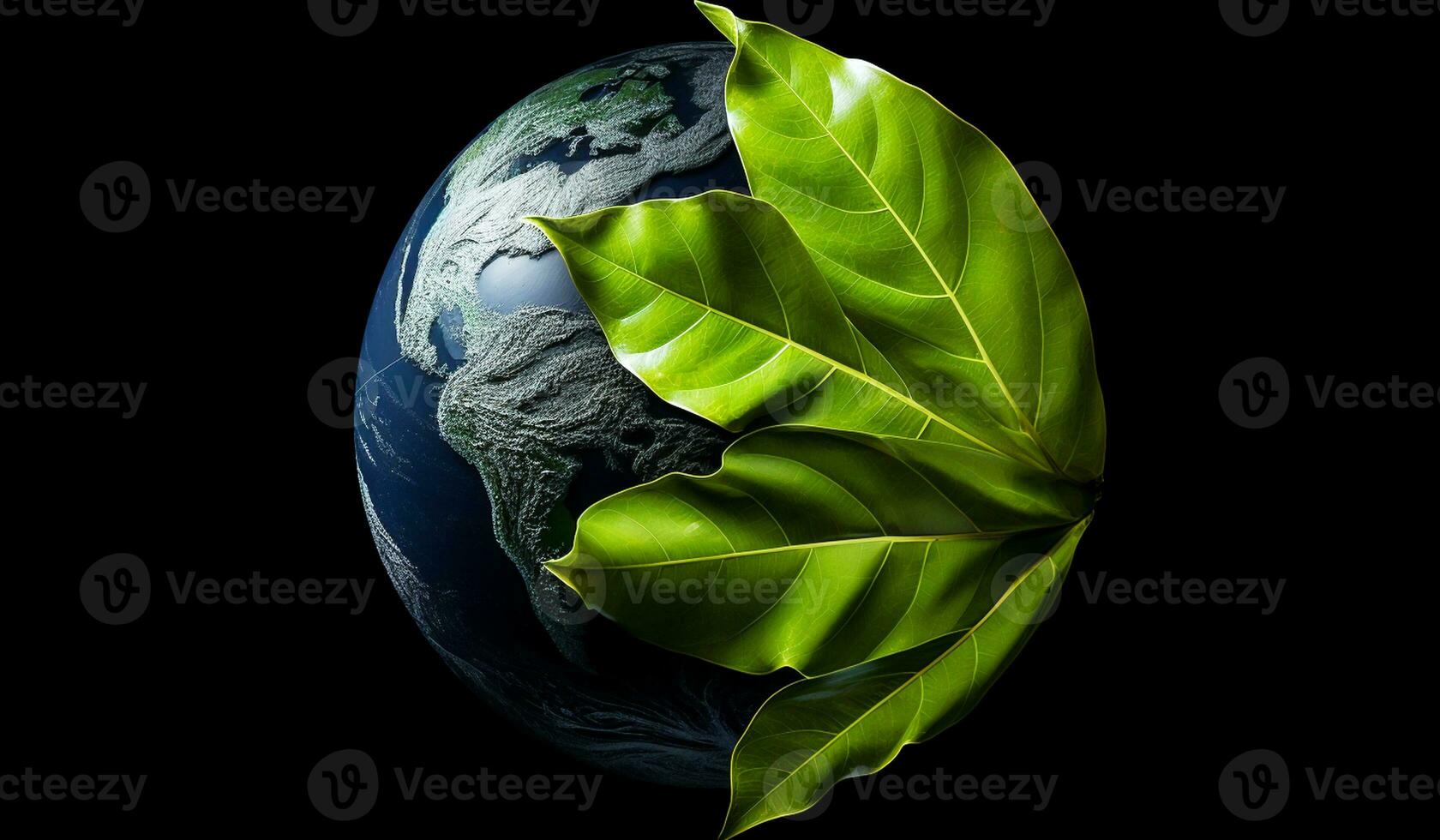 Closeup of a large green leaves in black backgroung. Ai generated photo