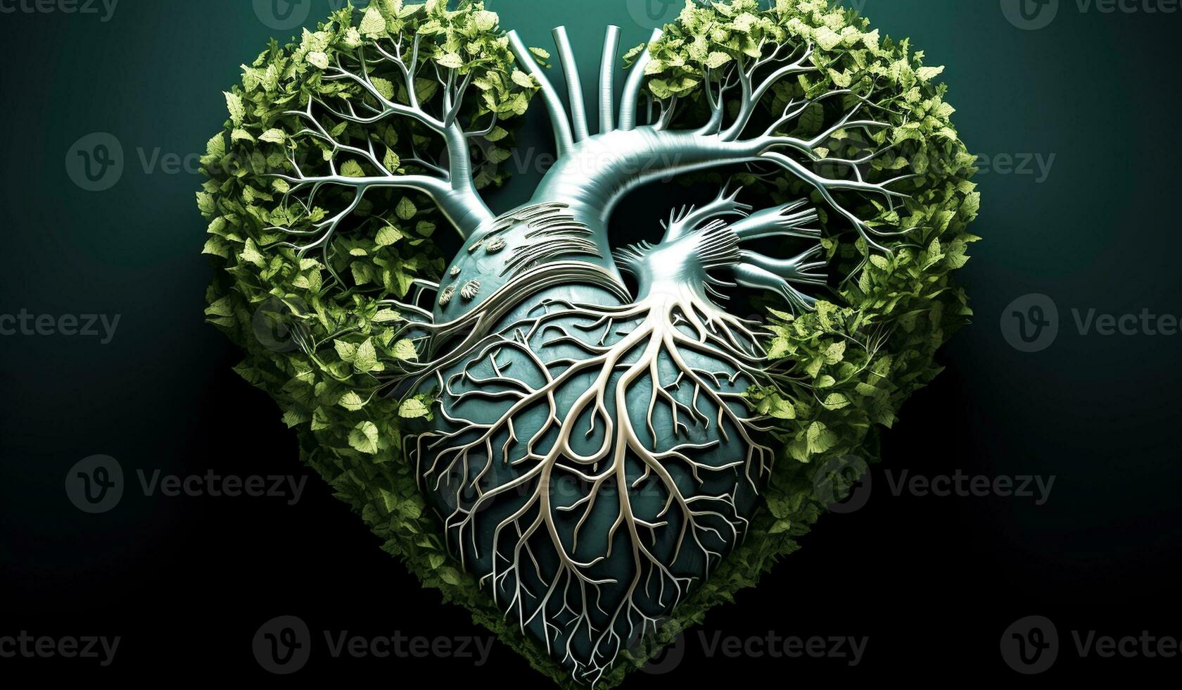 Anatomical human heart formed by leaves and tree branches. AI generated photo