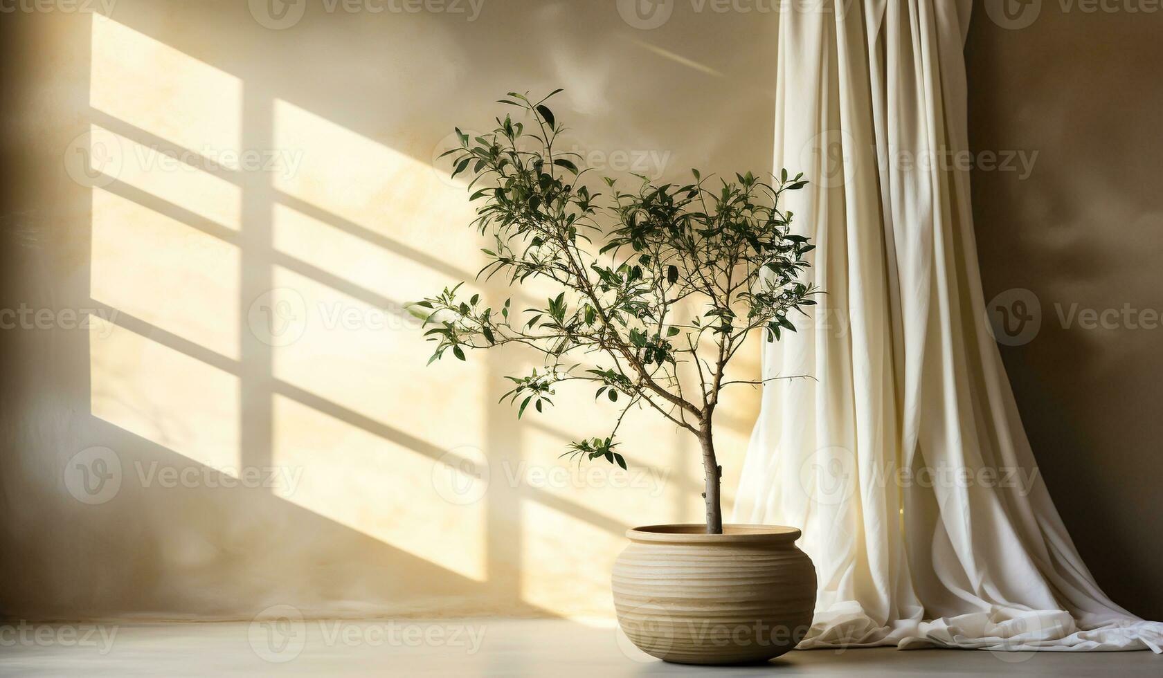Minimalist decor in a living room, next to a window that lets in sunlight. AI generated photo