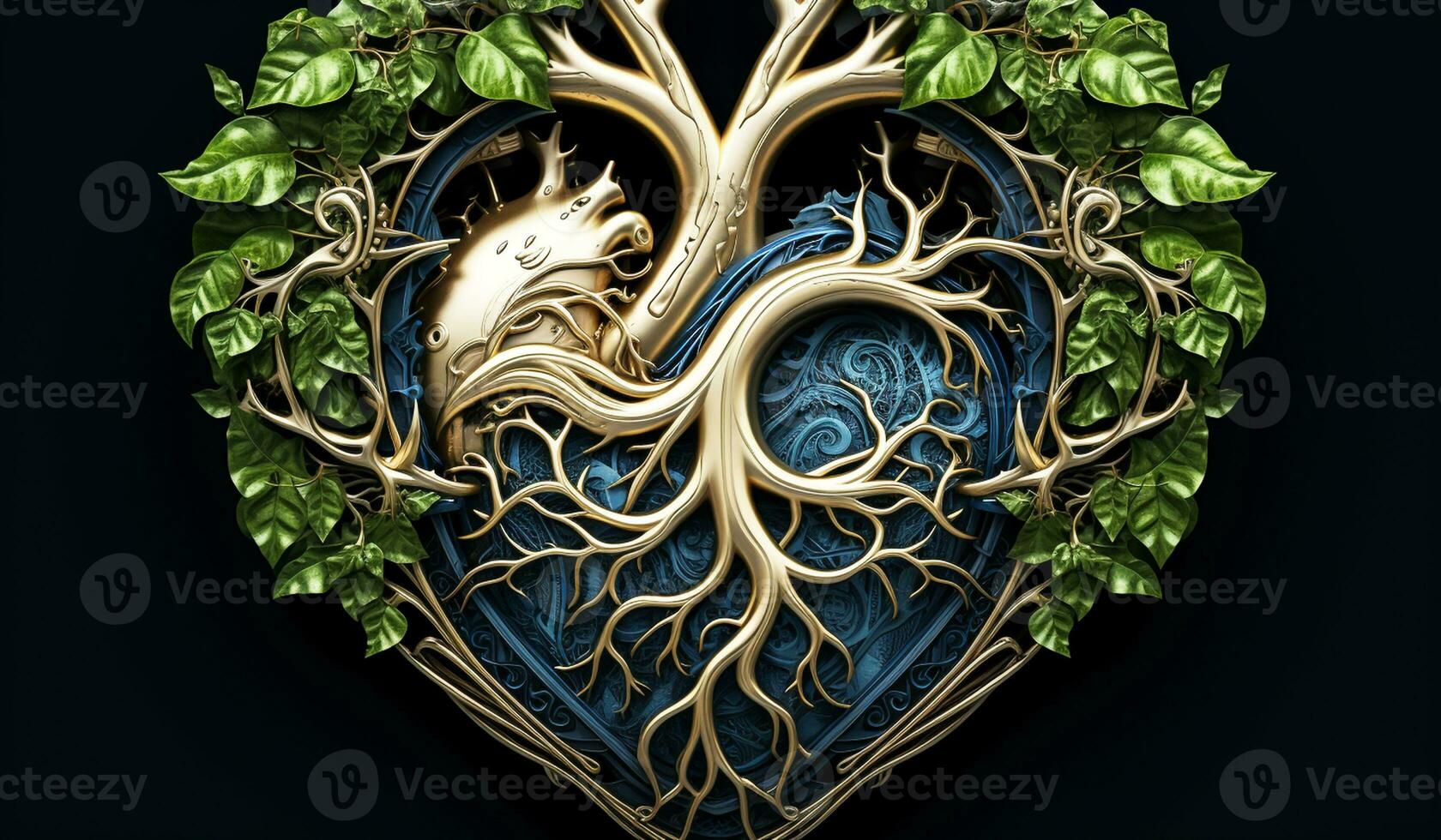 Anatomical human heart formed by leaves and tree branches. AI generated photo
