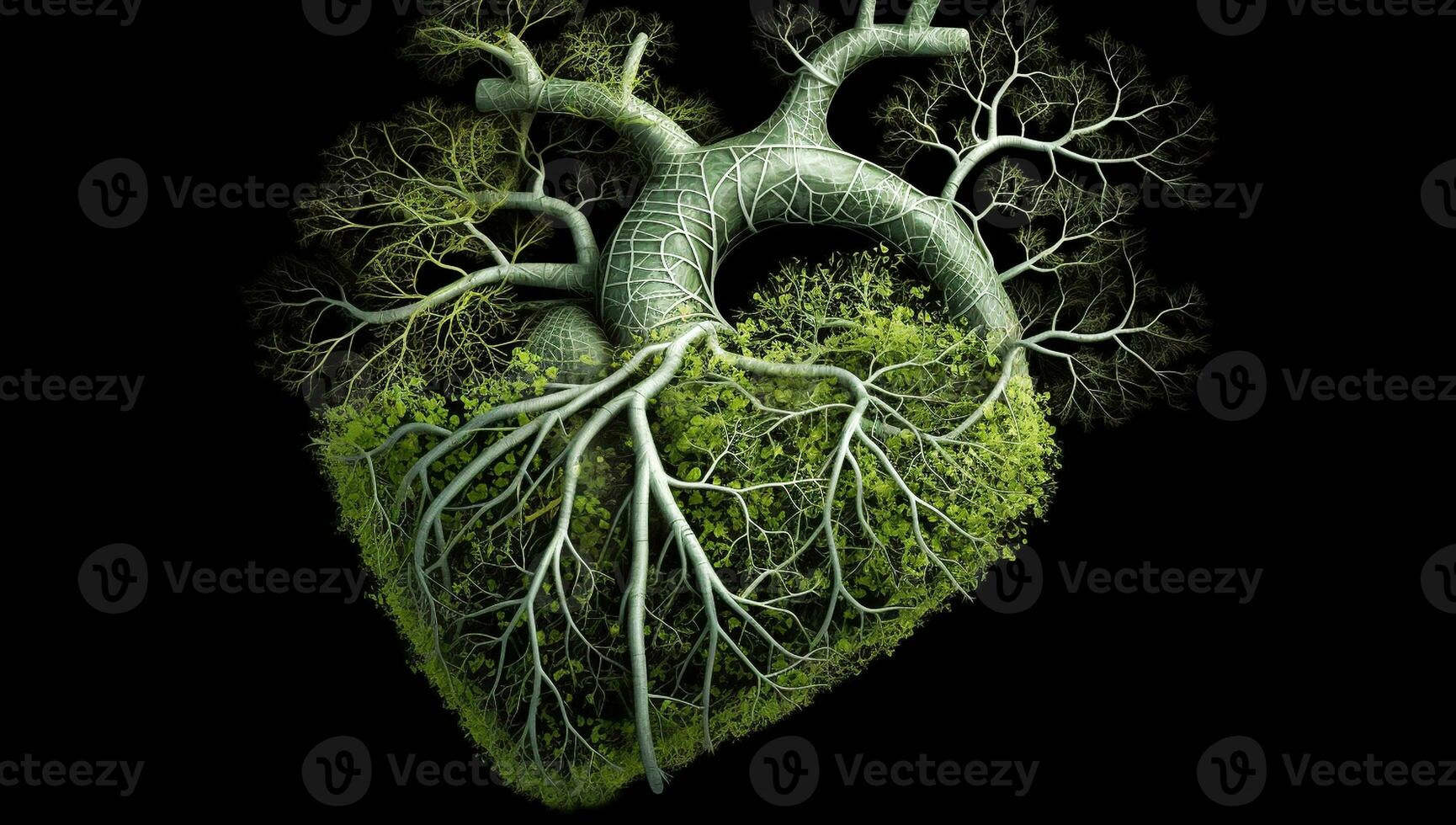 Anatomical human heart formed by leaves and tree branches. AI generated photo