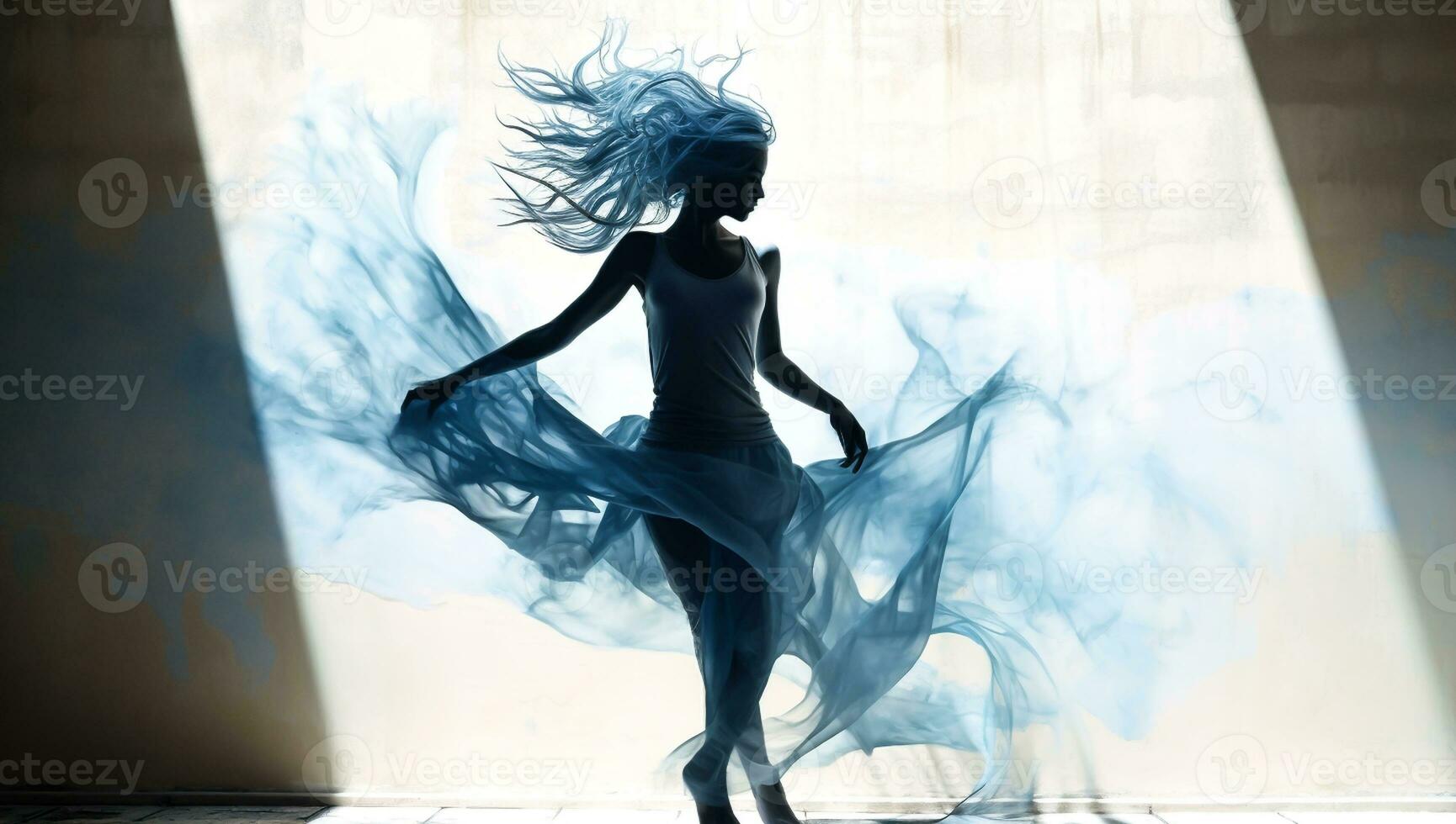 Fictional female figure, dark hair and flowing blue dress. AI generated photo