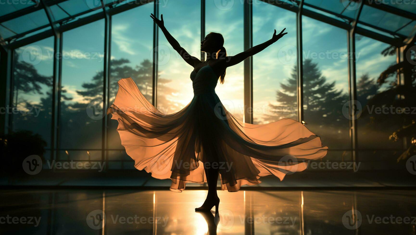 Silhouette of a ballerina dancing by the window against sunset light. AI generated photo