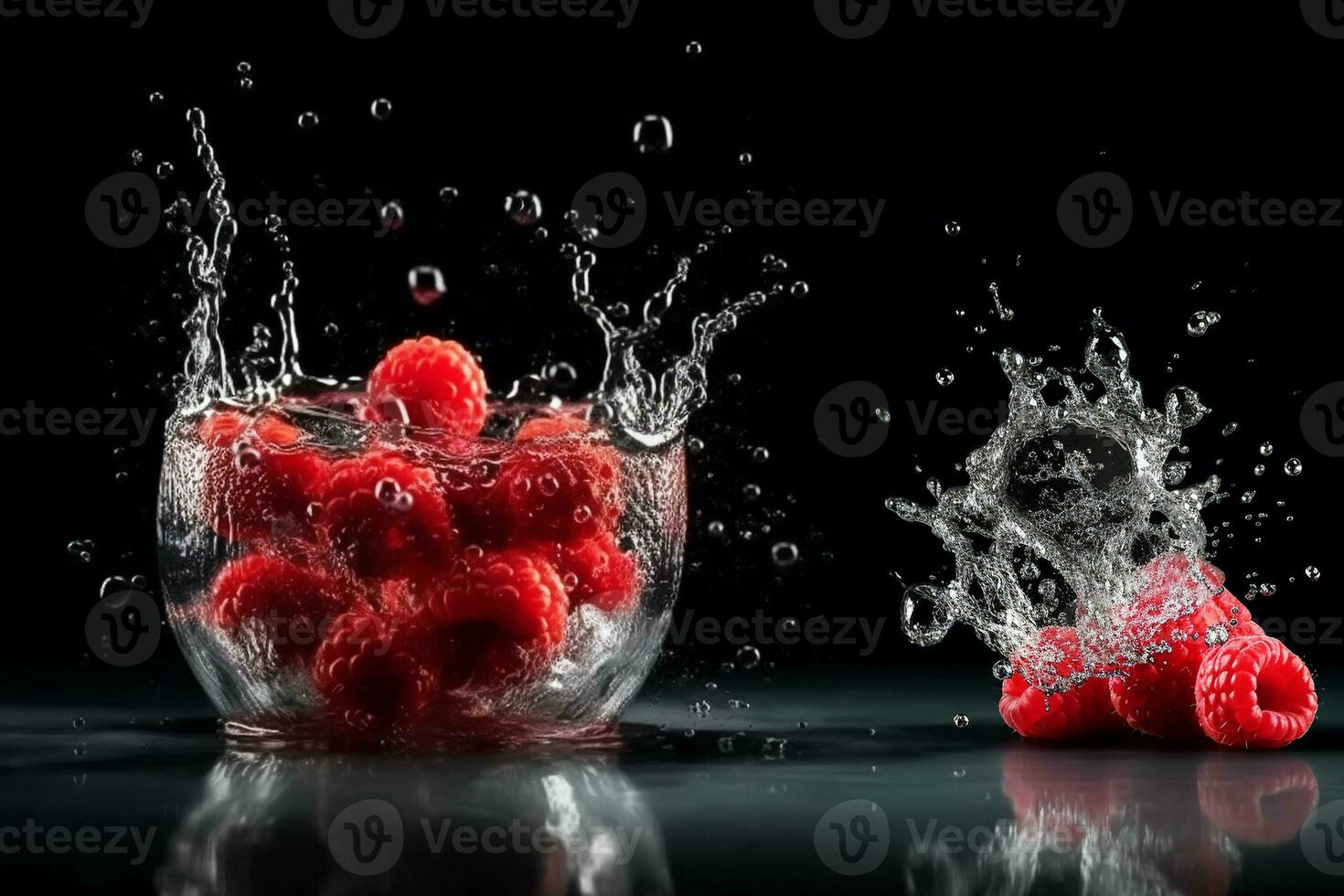 vibrante ai generador ilustración de rojo frambuesas en salpicaduras agua foto