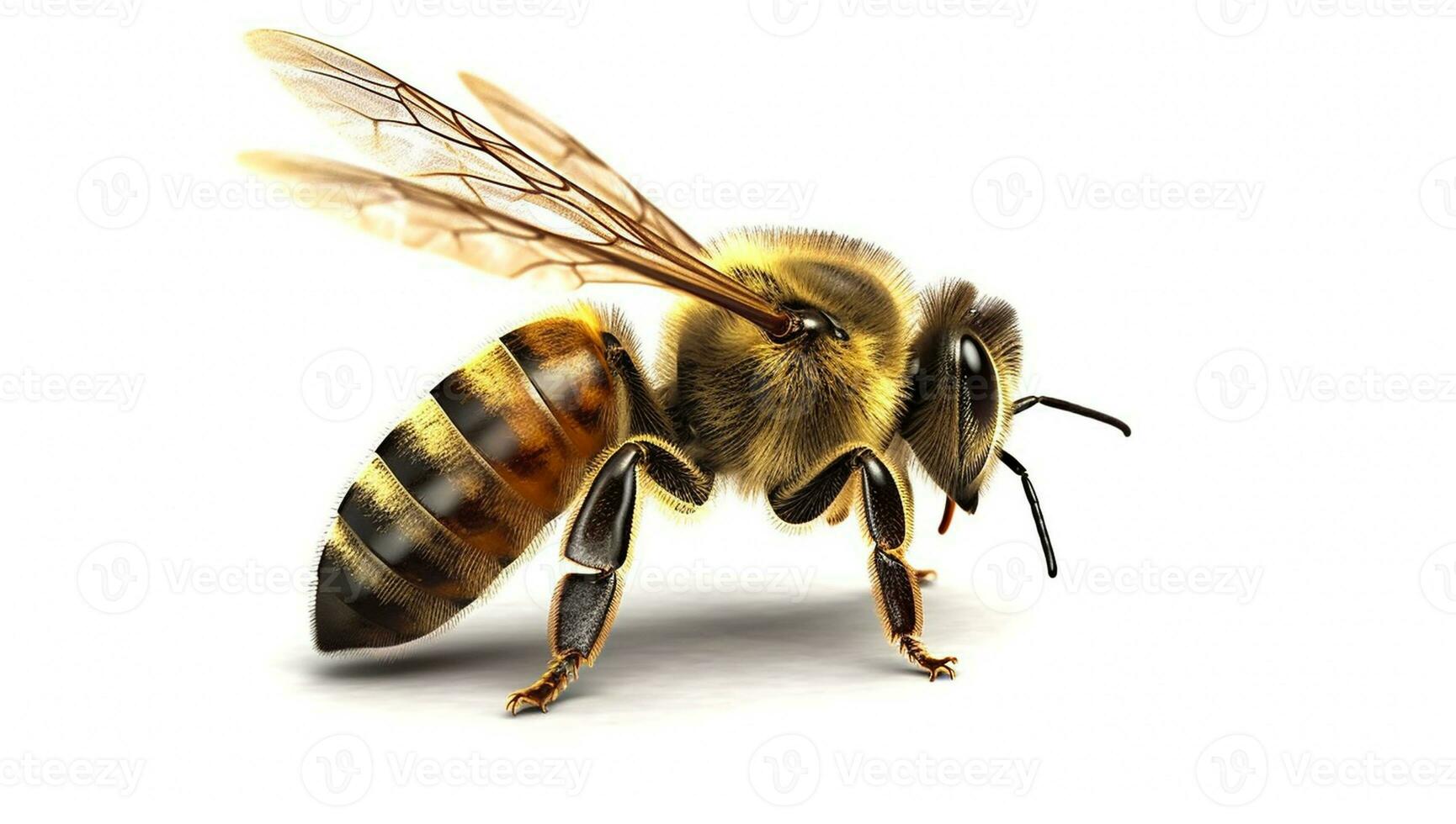 Vibrant AI generator illustration of very realistic bee isolated in white background photo