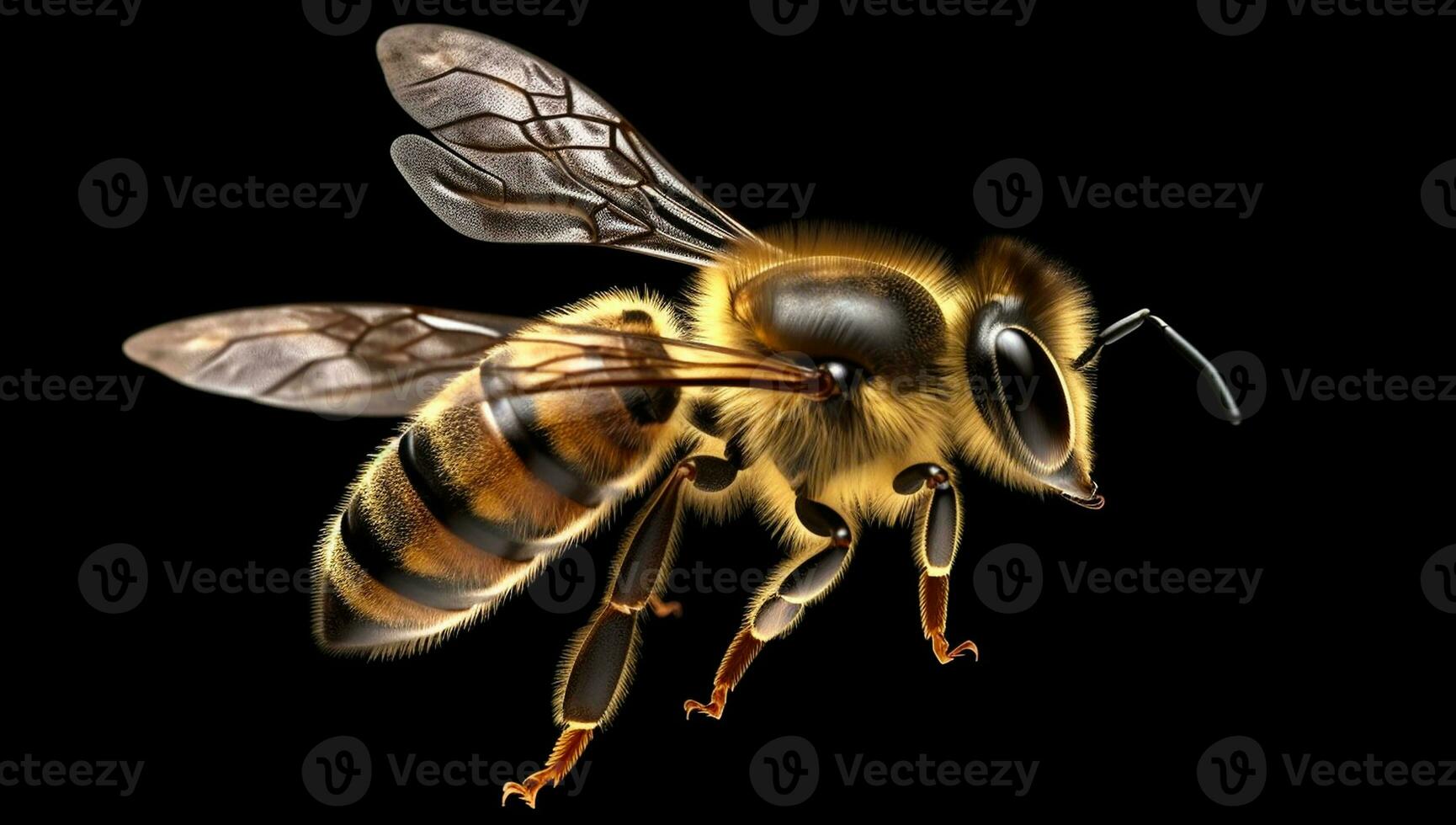 Vibrant AI generator illustration of very realistic bee isolated in black background photo
