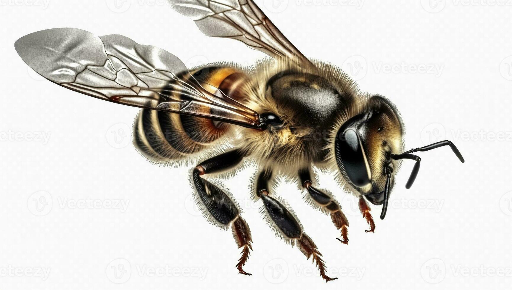 Vibrant AI generator illustration of very realistic bee isolated in white background photo