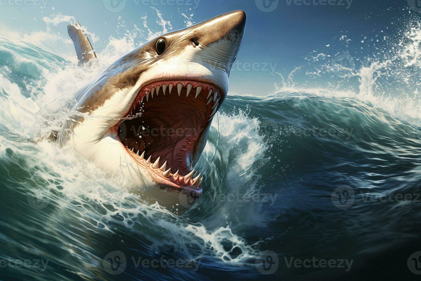 Realistic shark with open mouth, in the middle of the ocean. AI generator photo