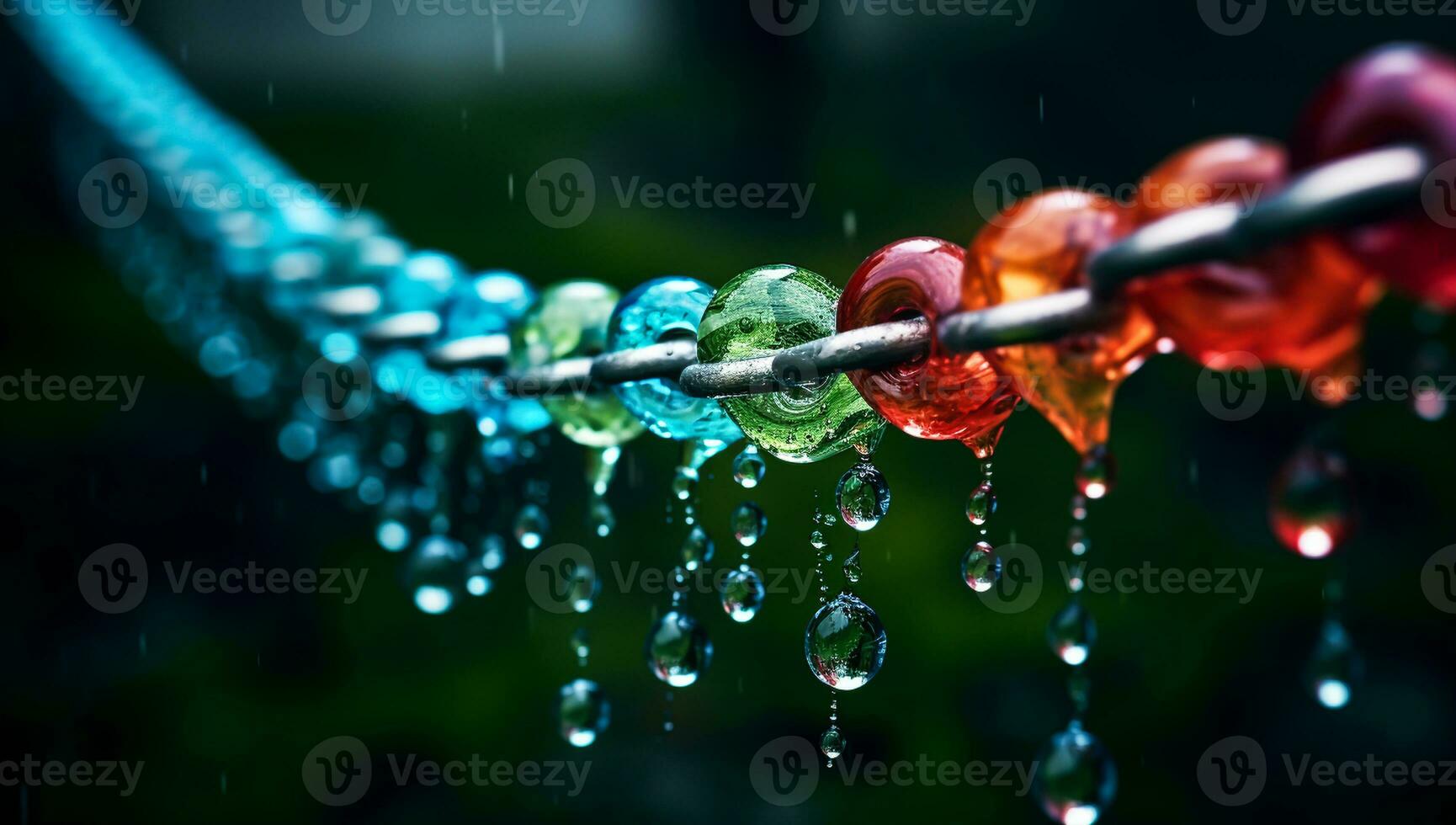 Colorful shiny metal chain with water drops. AI generated photo