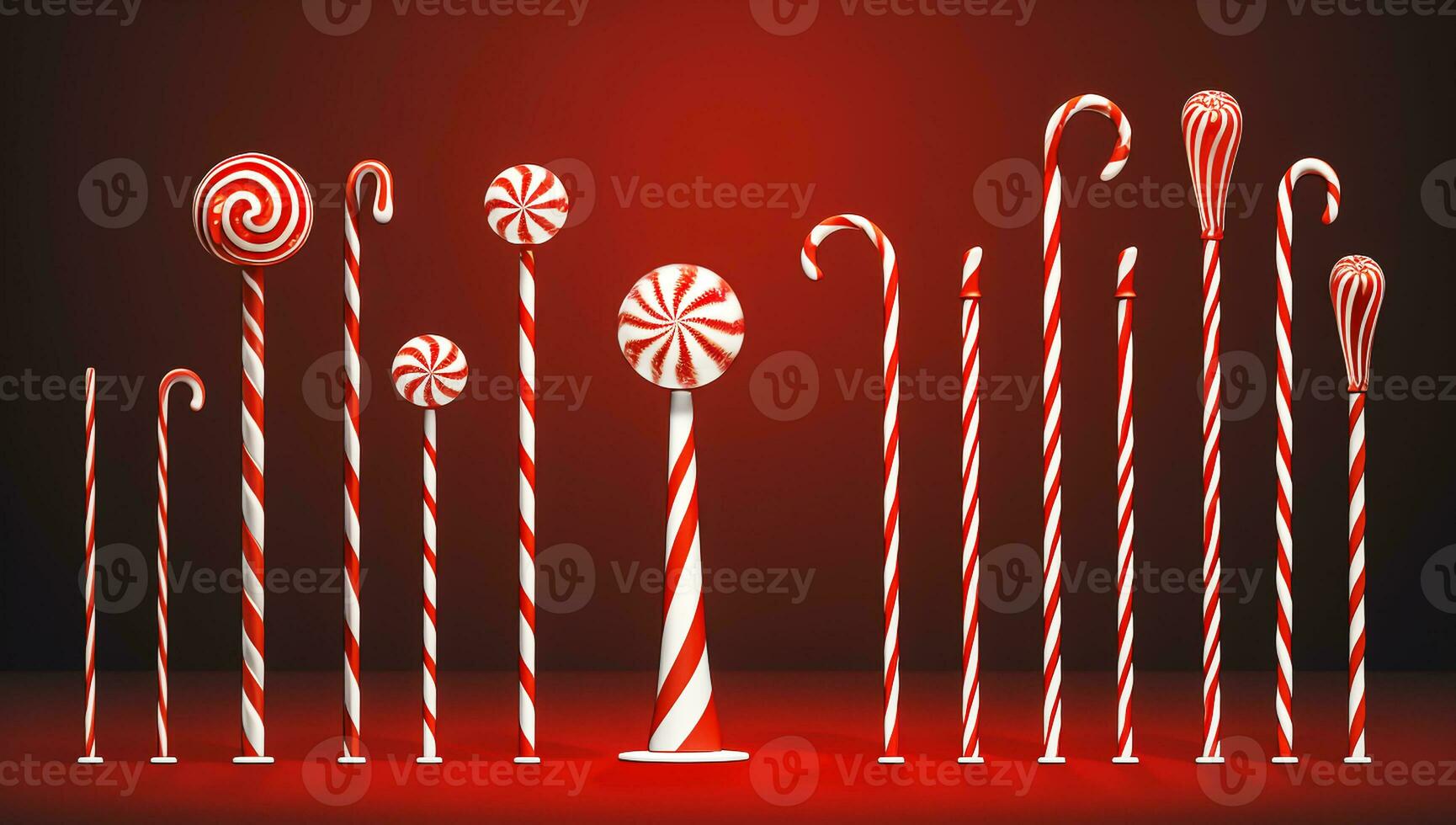 Delicious red and white candy canes, christmas time. AI generated photo