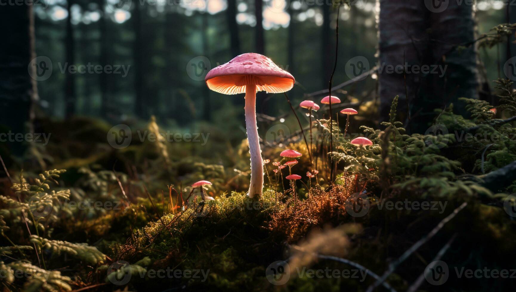 Small mushrooms in the forest. AI generated photo