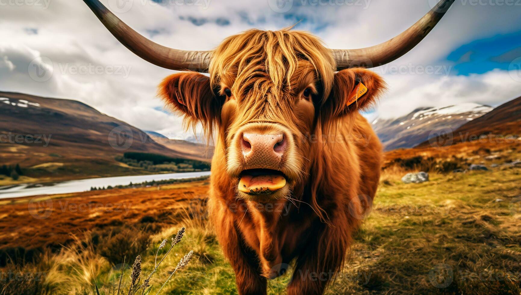 Closeup of the typical Scottish cow. AI generated photo