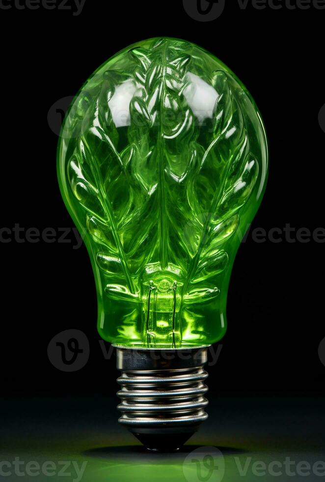 Green light bulb in ecology concept. AI generated photo