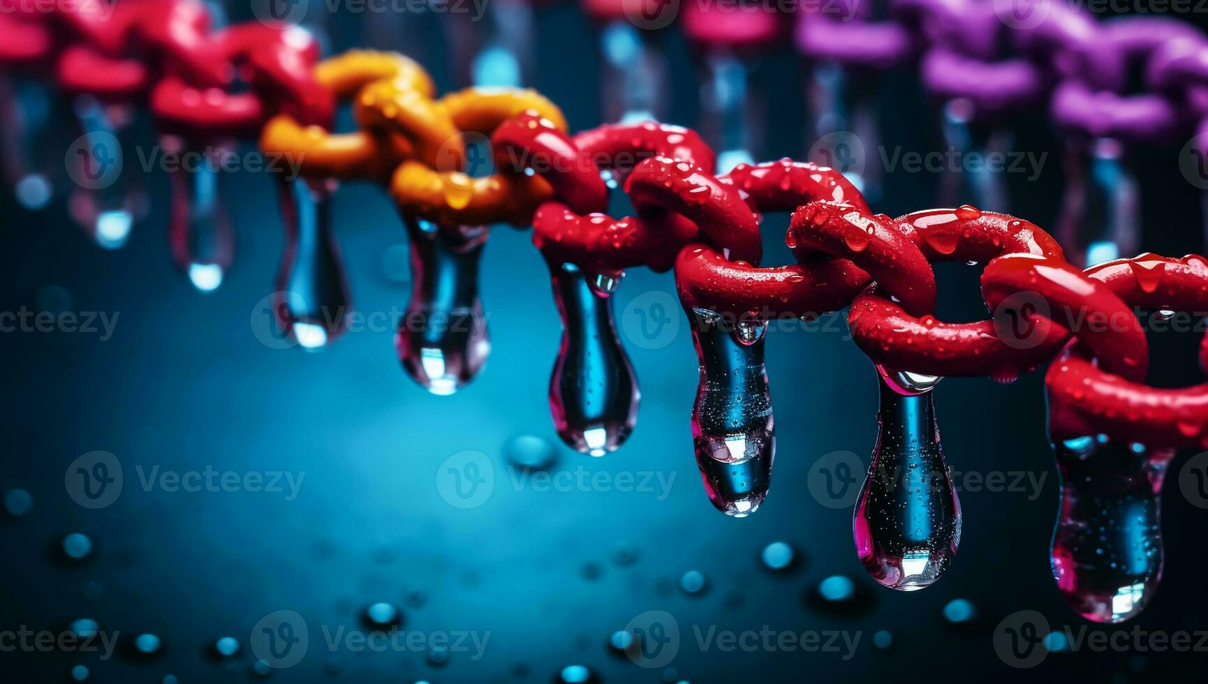 Colorful shiny metal chain with water drops. AI generated photo