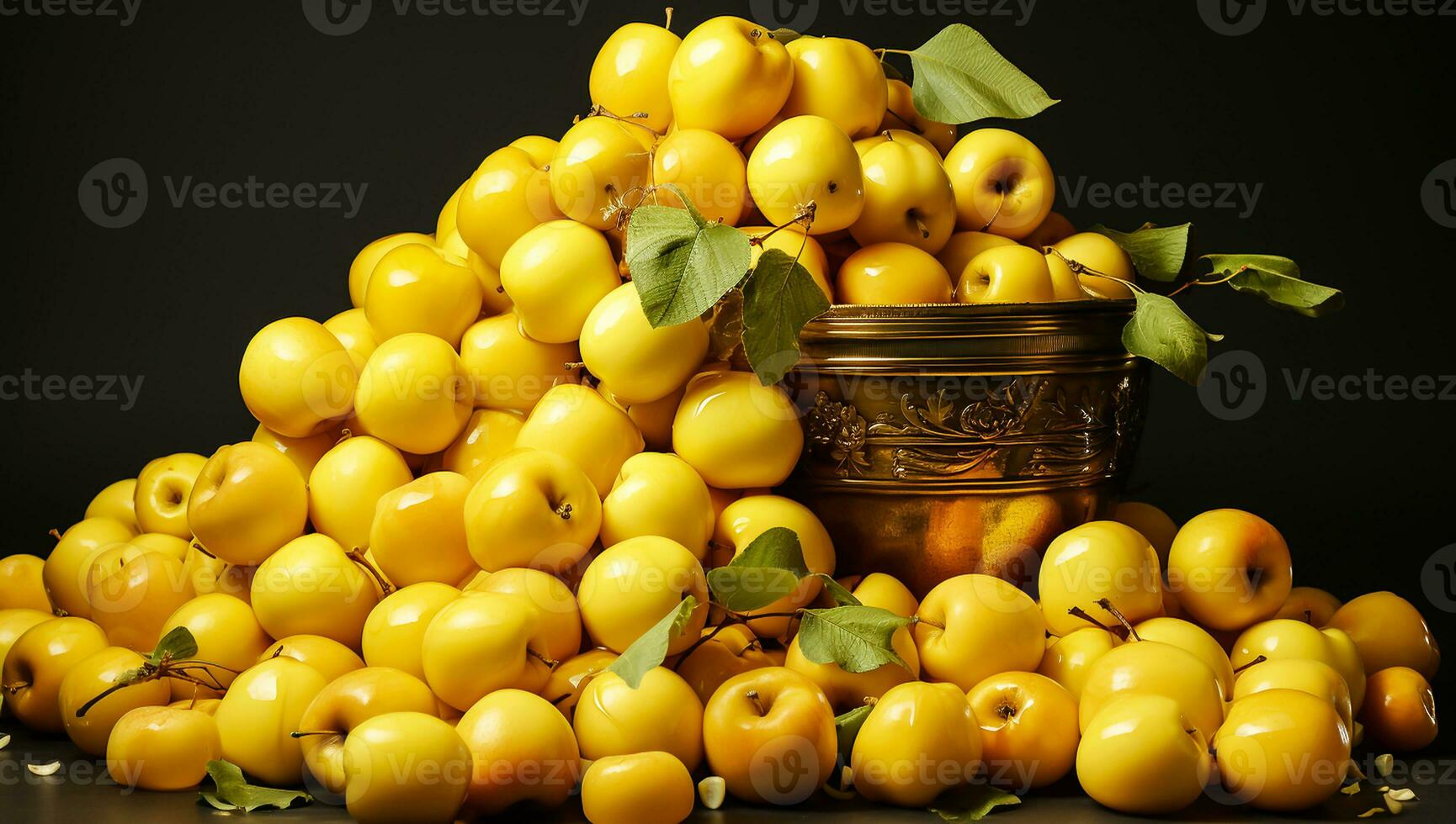 Pile of juicy yellow apples. AI generated photo