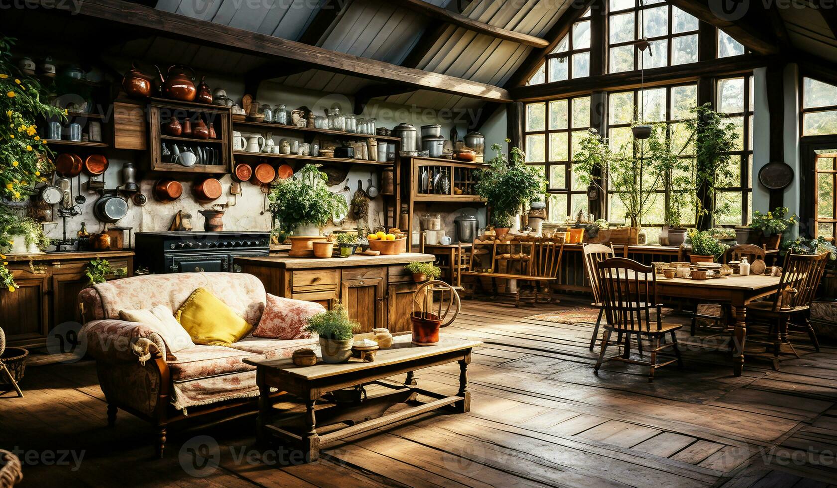 Interior of a very rustic wooden cabin. AI generated photo