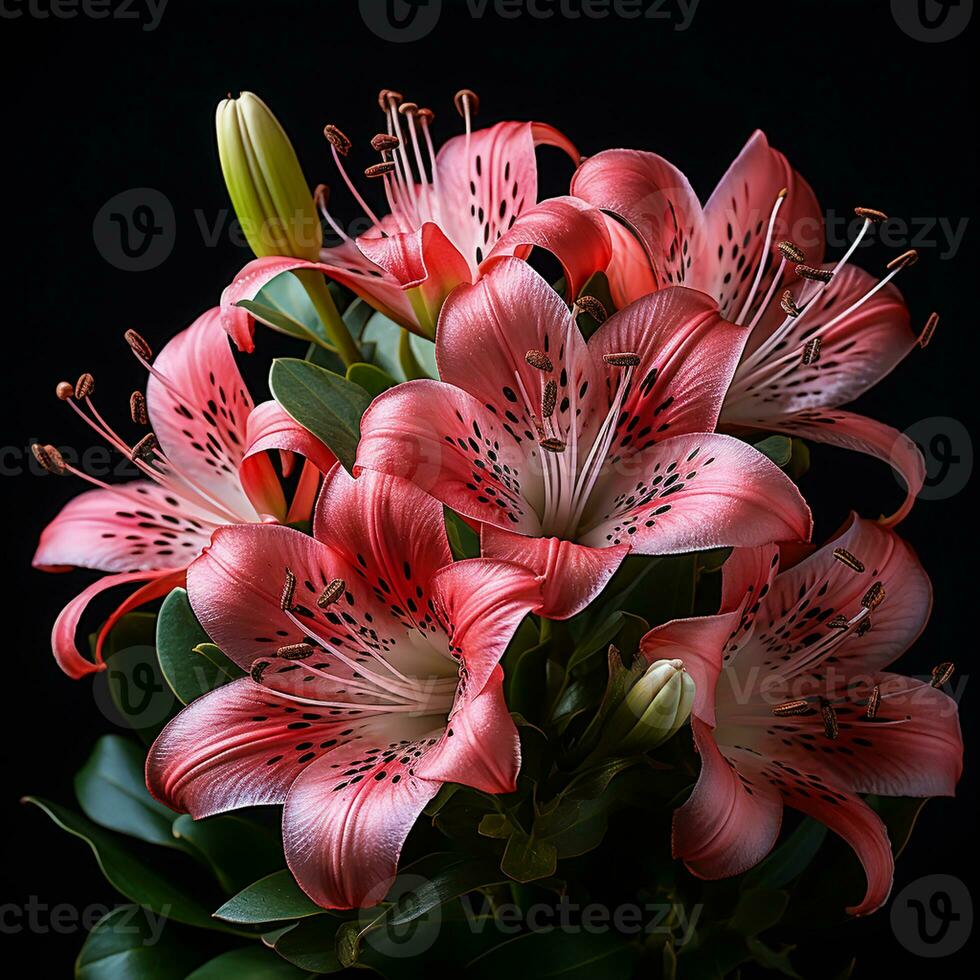 Close up of alstroemeria flower on dark background. AI generated photo