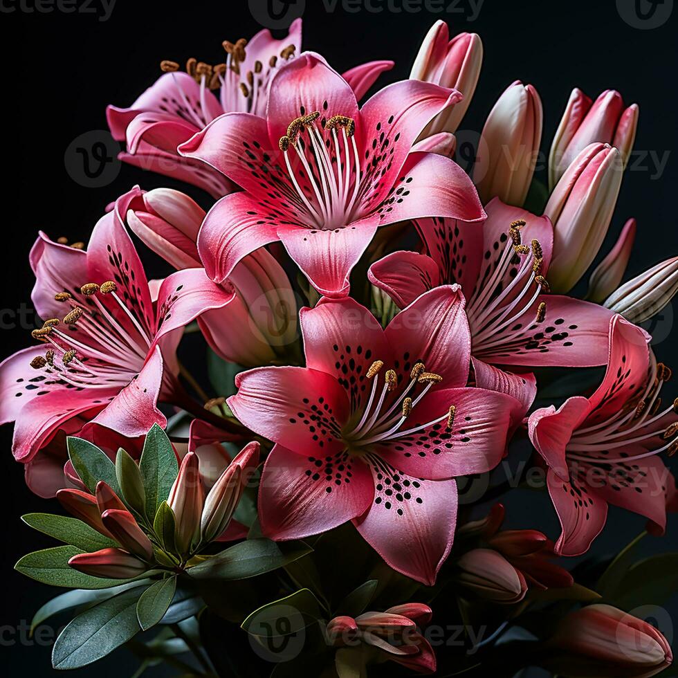 Close up of alstroemeria flower on dark background. AI generated photo