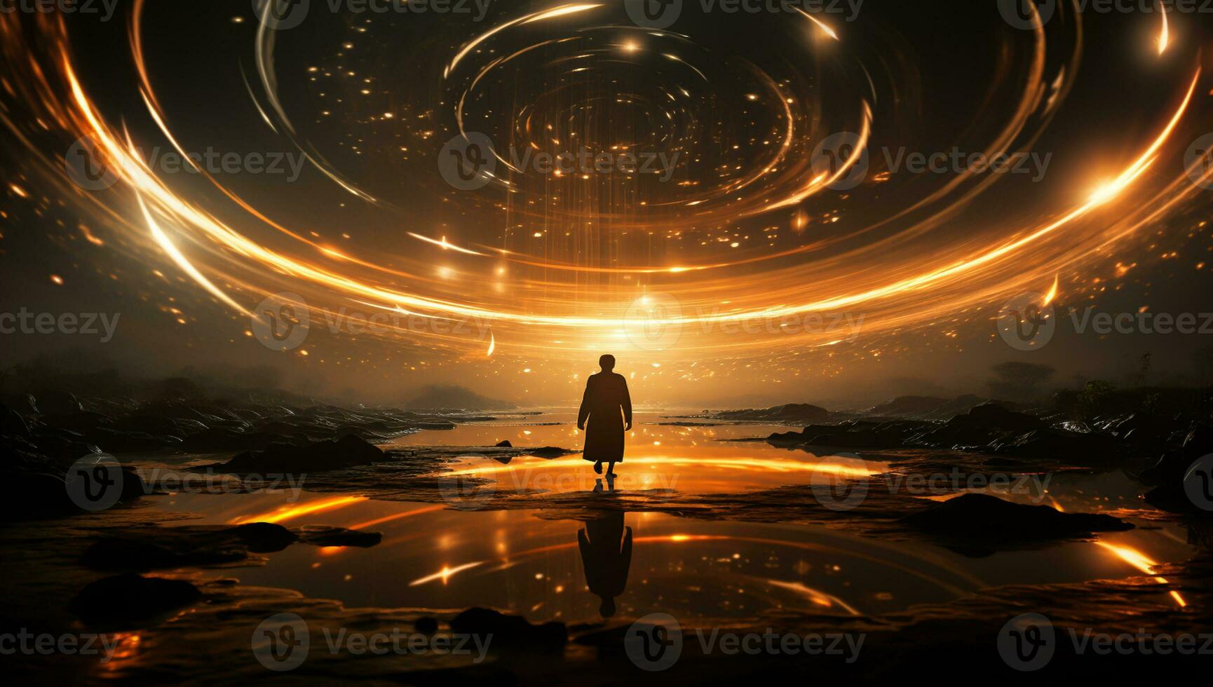 Silhouette on the beach surrounded by fantastic lights. AI generated photo