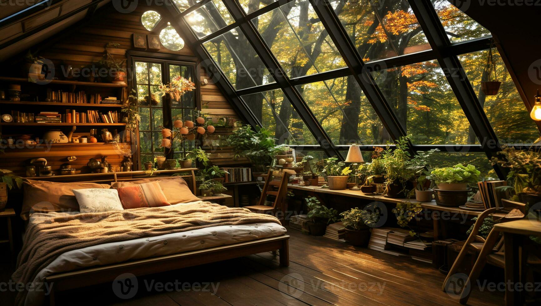 Interior of a bedroom in a rustic wooden cabin. AI generated photo