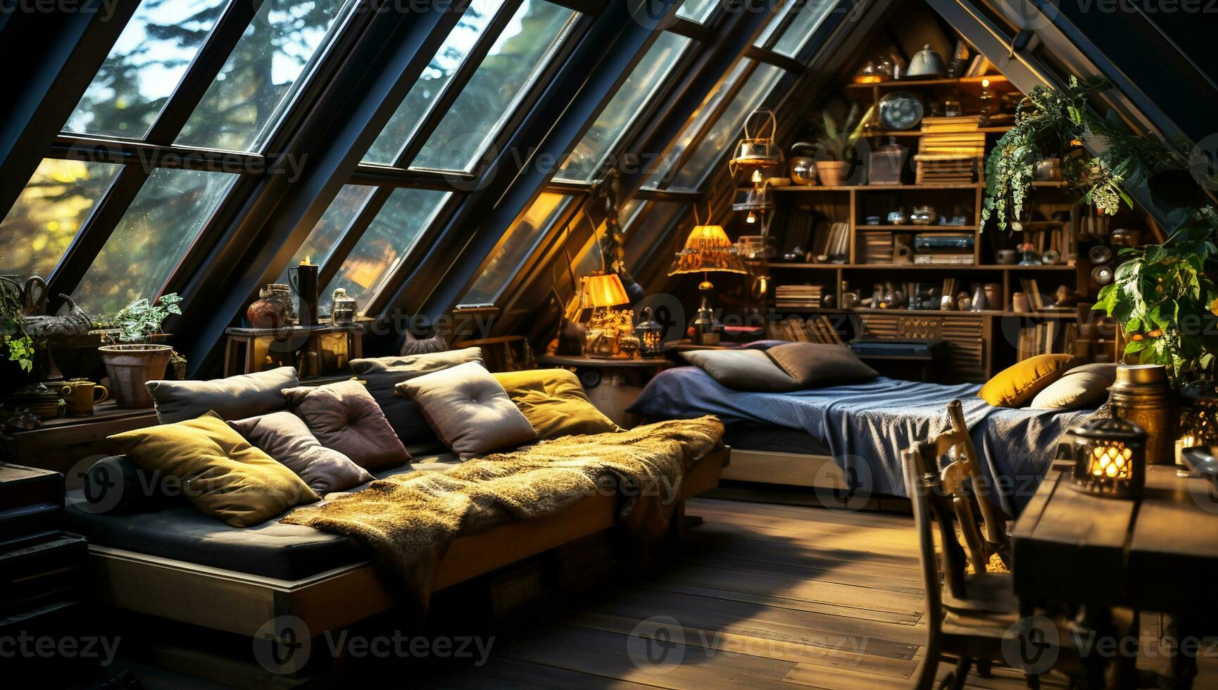 Interior of a bedroom in a rustic wooden cabin. AI generated photo