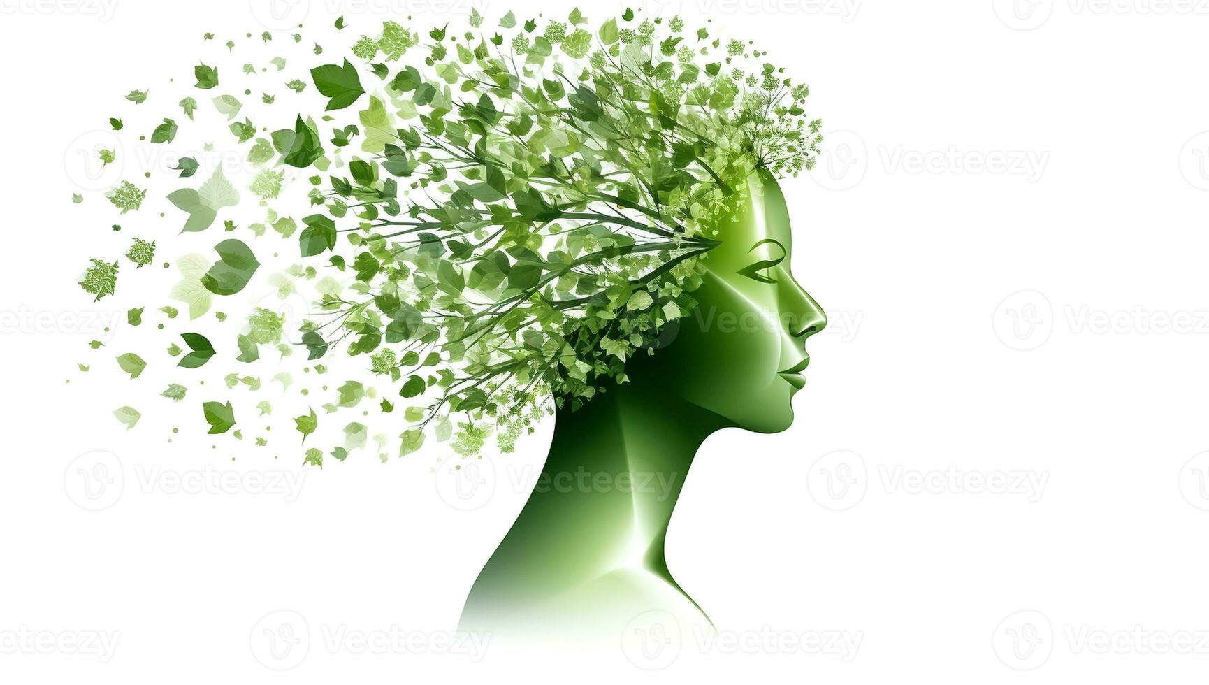 Green silhouette with hair formed by branches and leaves in ecology concept. AI generated photo