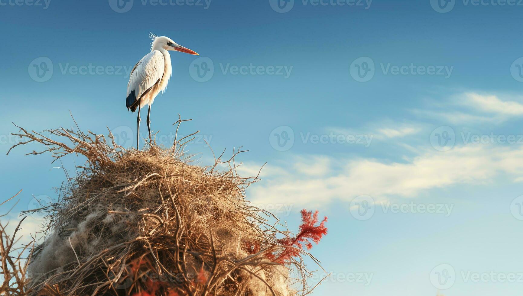 Stork on top of the nest. AI generated photo