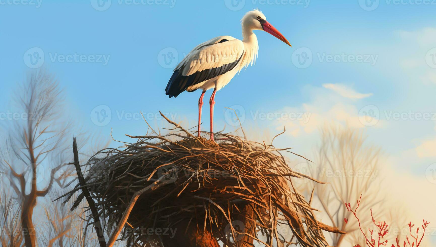 Stork on top of the nest. AI generated photo