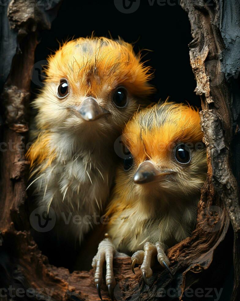 Birds in the nest in the tree hole. AI generated photo