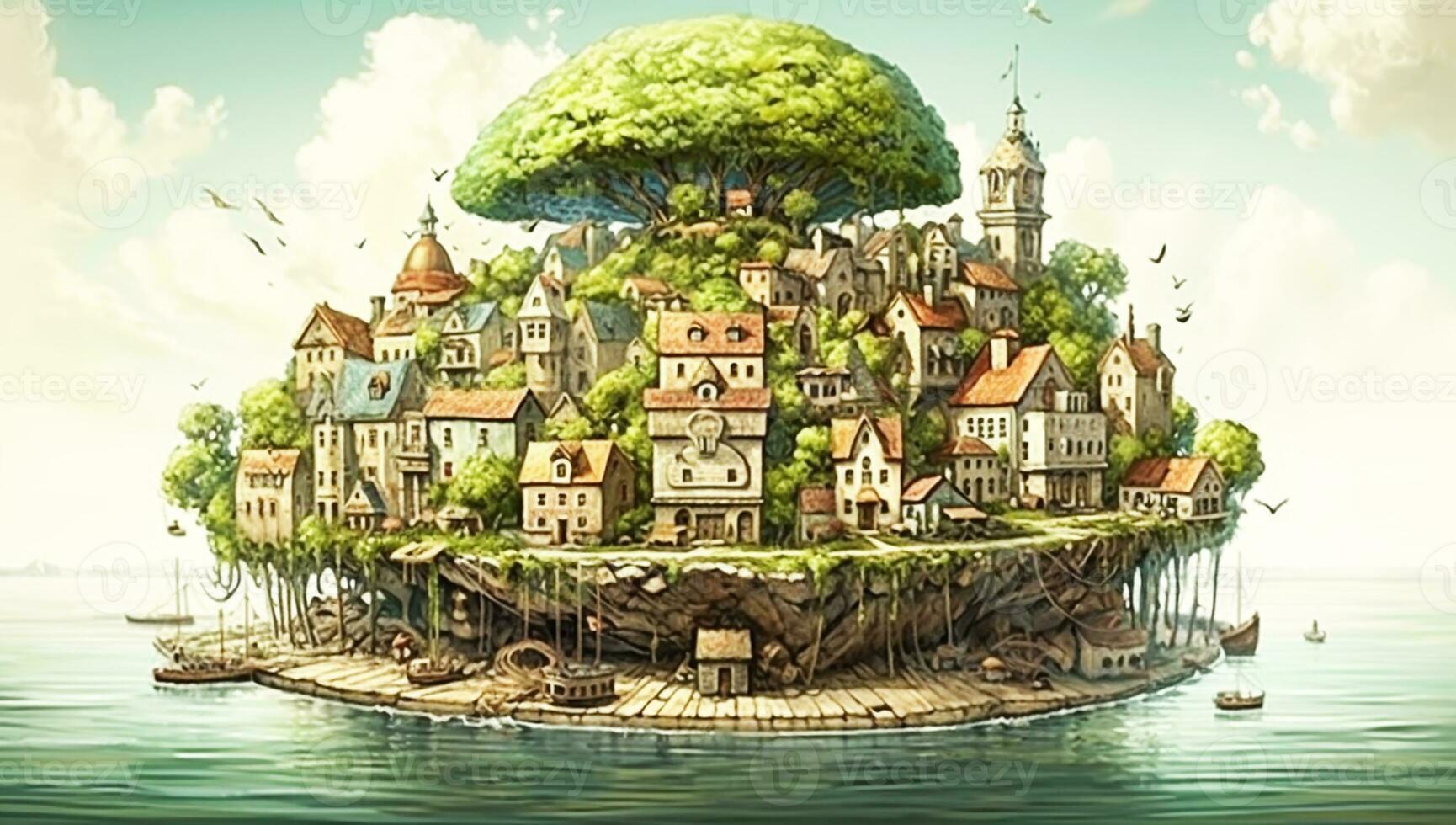 Village with many houses, trees and vegetation on an island. AI generated photo