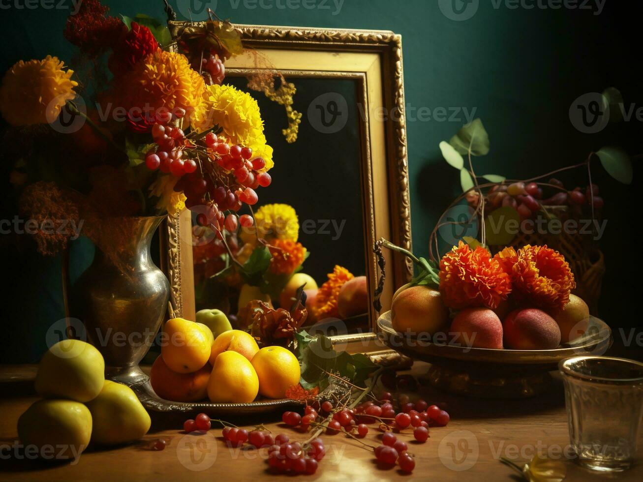 todavía vida imagen con comida y flores siguiente a un espejo. ai generado foto