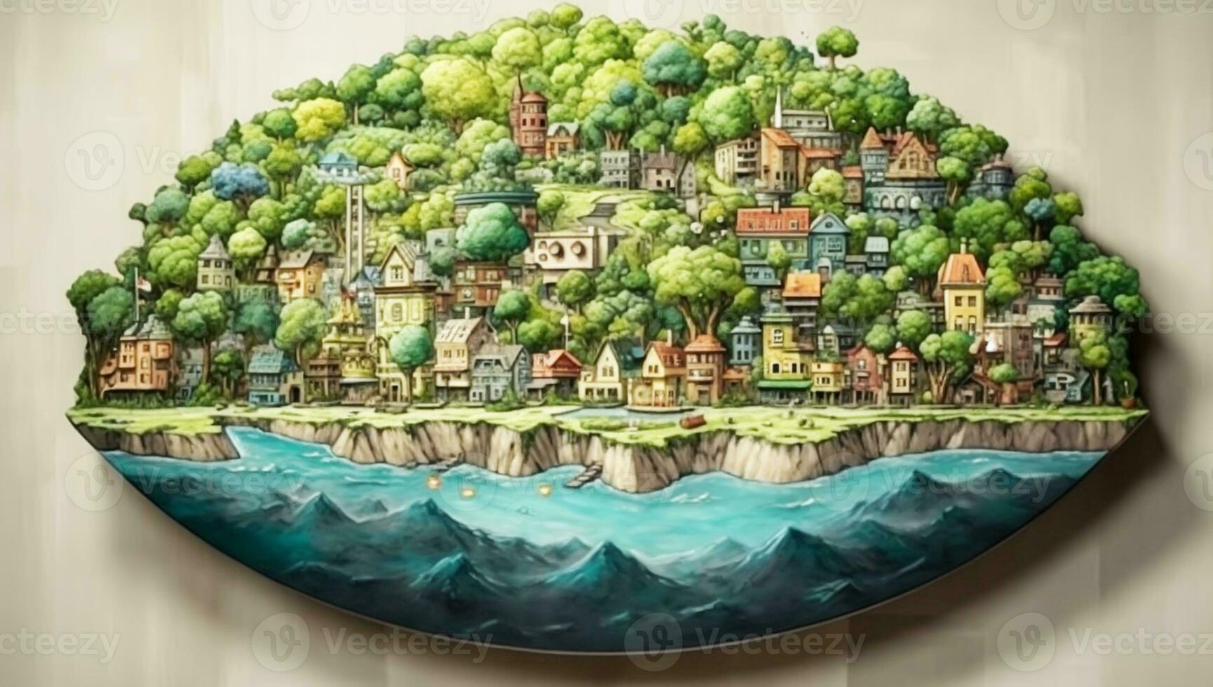 Village with many houses, trees and vegetation on an island. AI generated photo