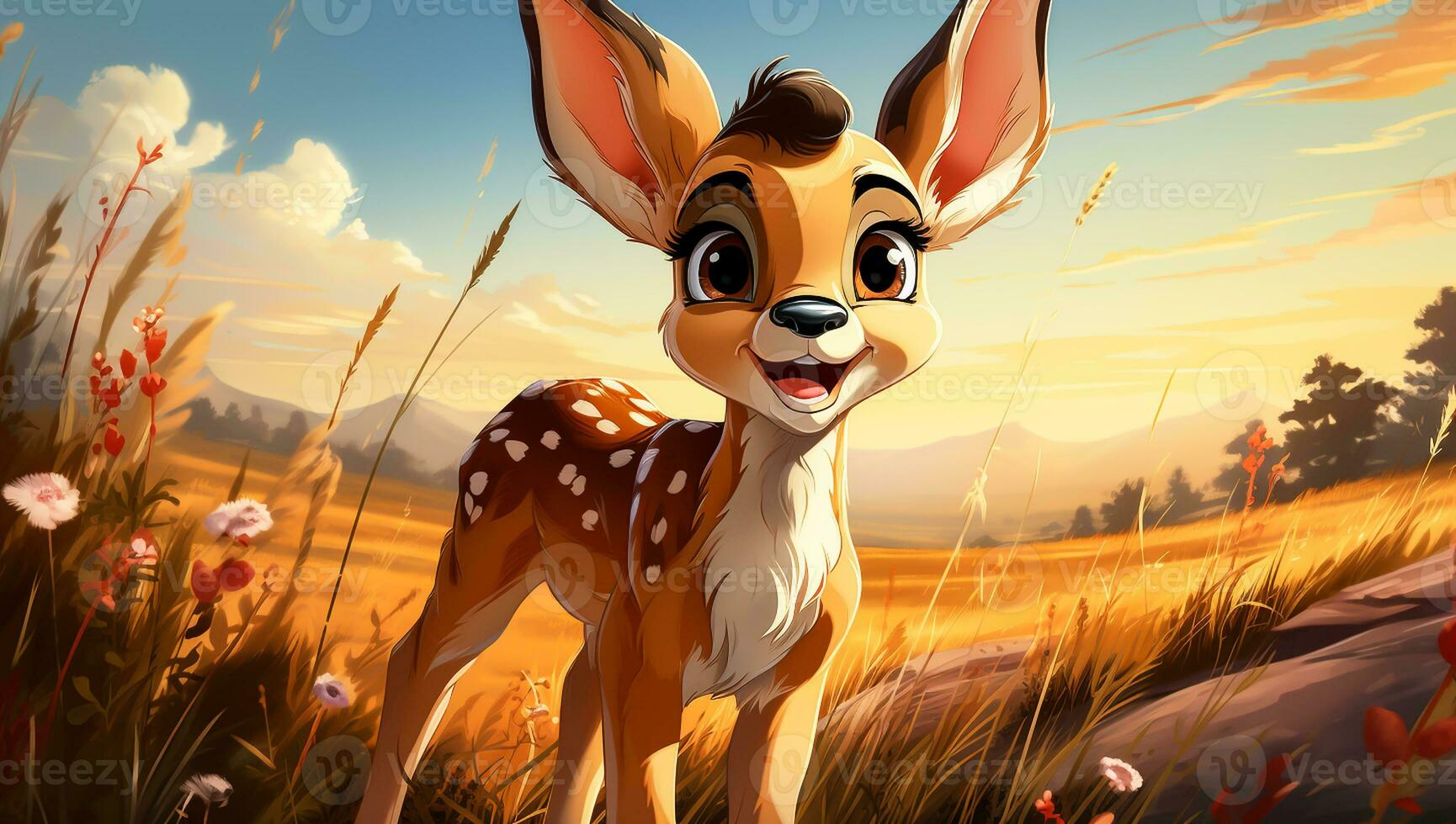 Cute cartoon of a baby deer for illustrations for children. AI Generated photo