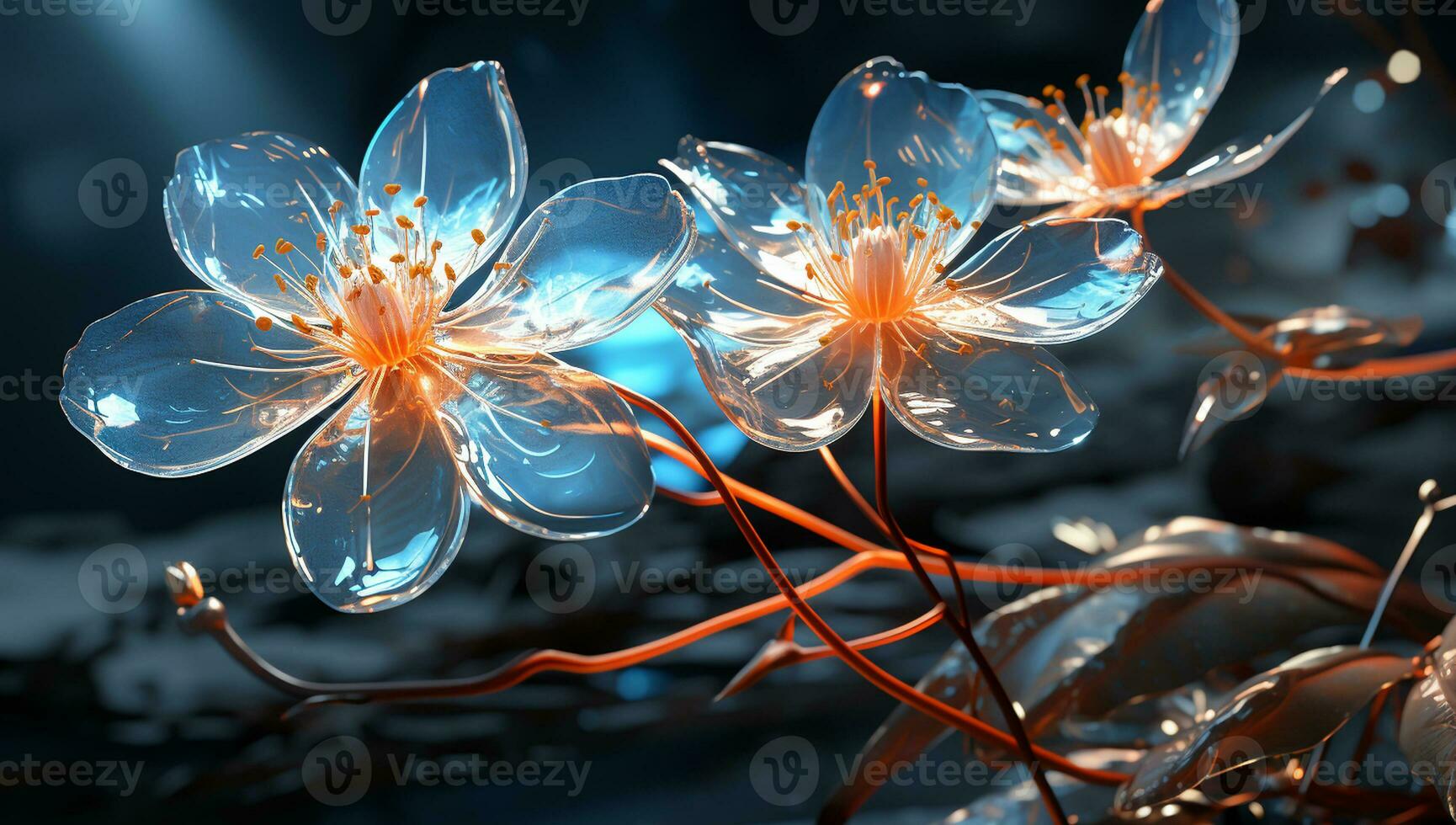 Illustration of glowing light orange and blue transparent flowers. AI Generated photo