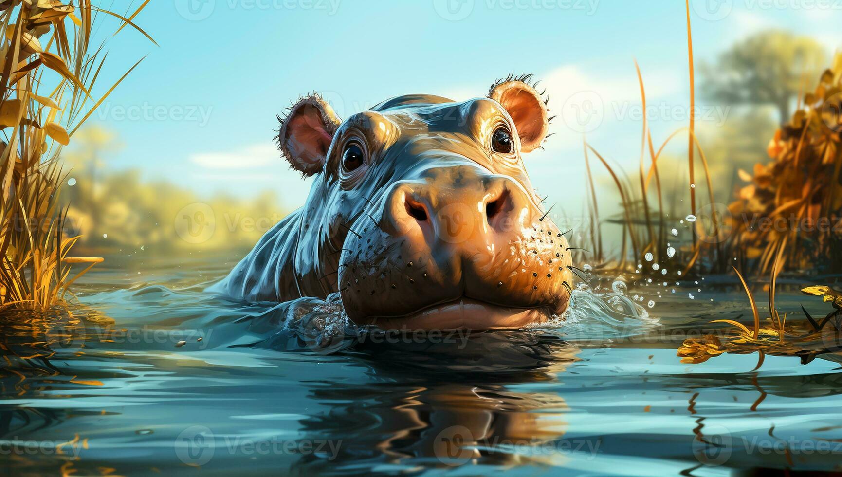 Cute cartoon of a baby hippo for illustrations for children. AI Generated photo