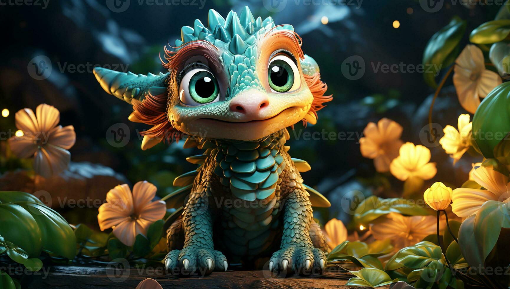 Cute cartoon of a baby dragon for illustrations for children. AI Generated photo