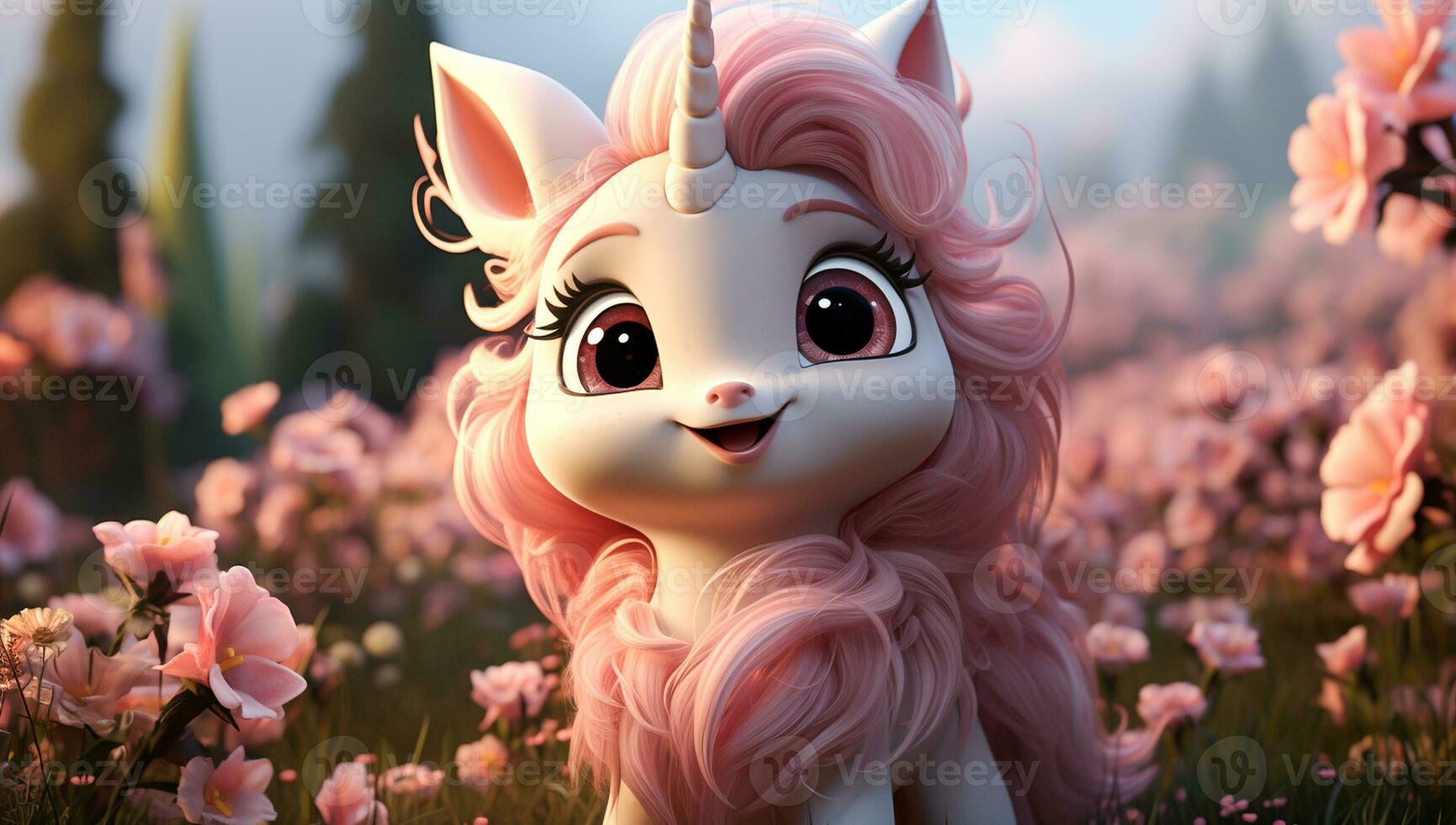 Cute cartoon of a baby pink unicorn for illustrations for children. AI Generated photo