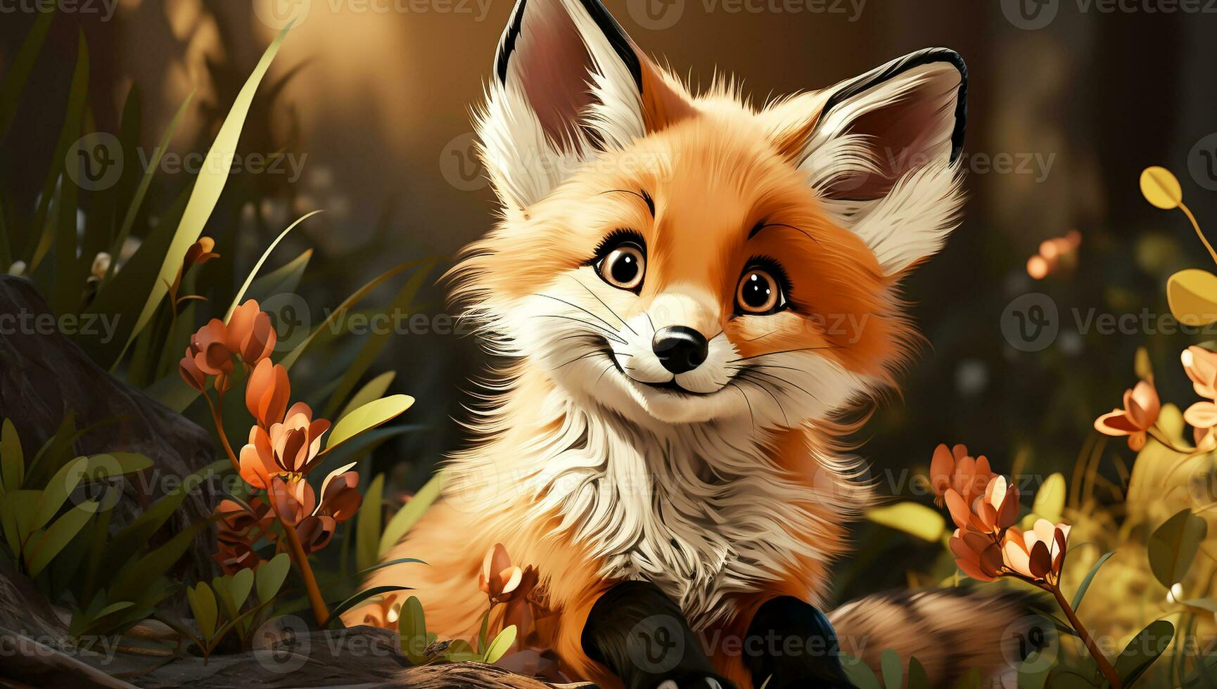 Cute cartoon of a baby red fox for illustrations for children. AI Generated photo