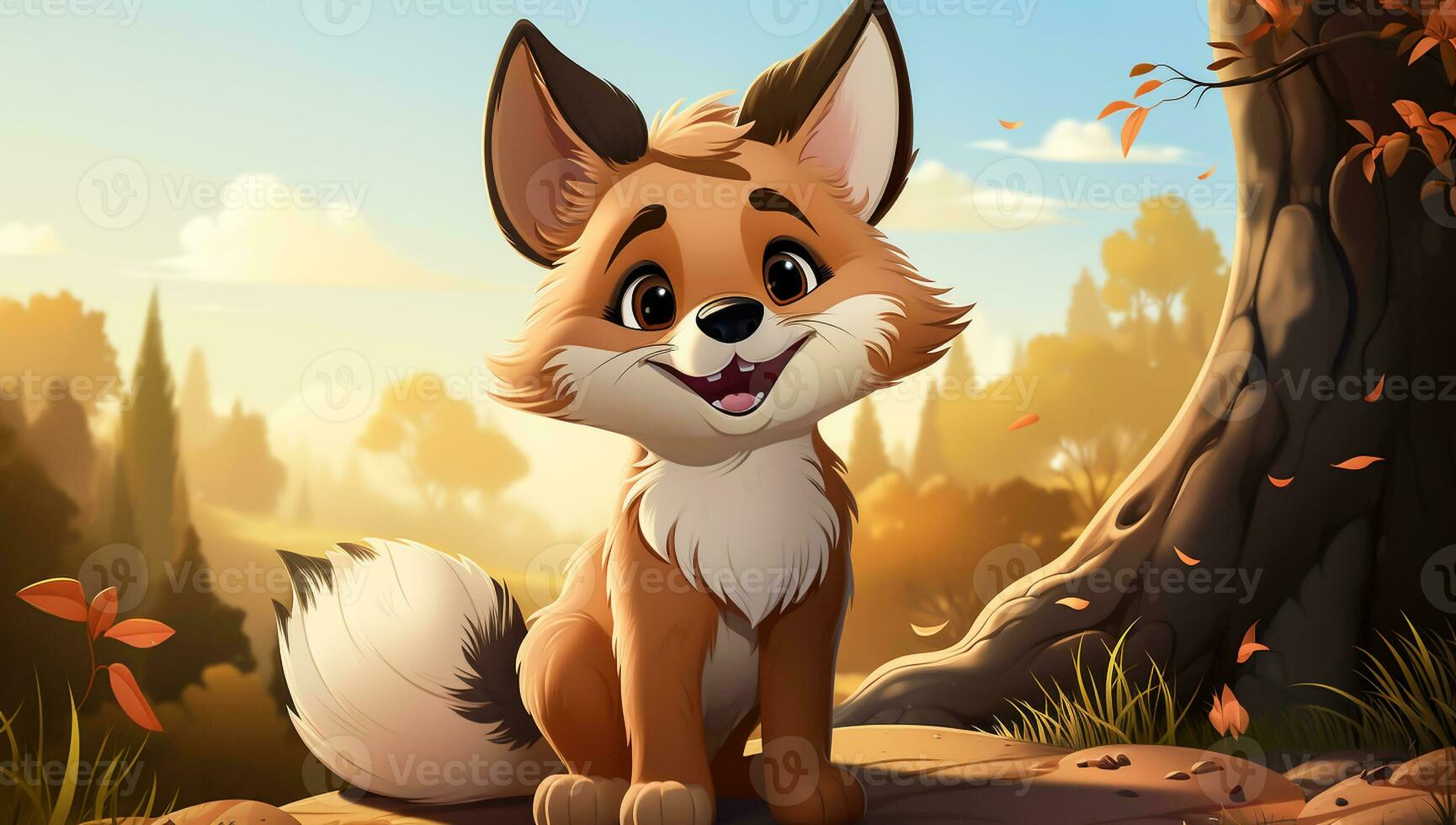 Cute cartoon of a baby red fox for illustrations for children. AI Generated photo