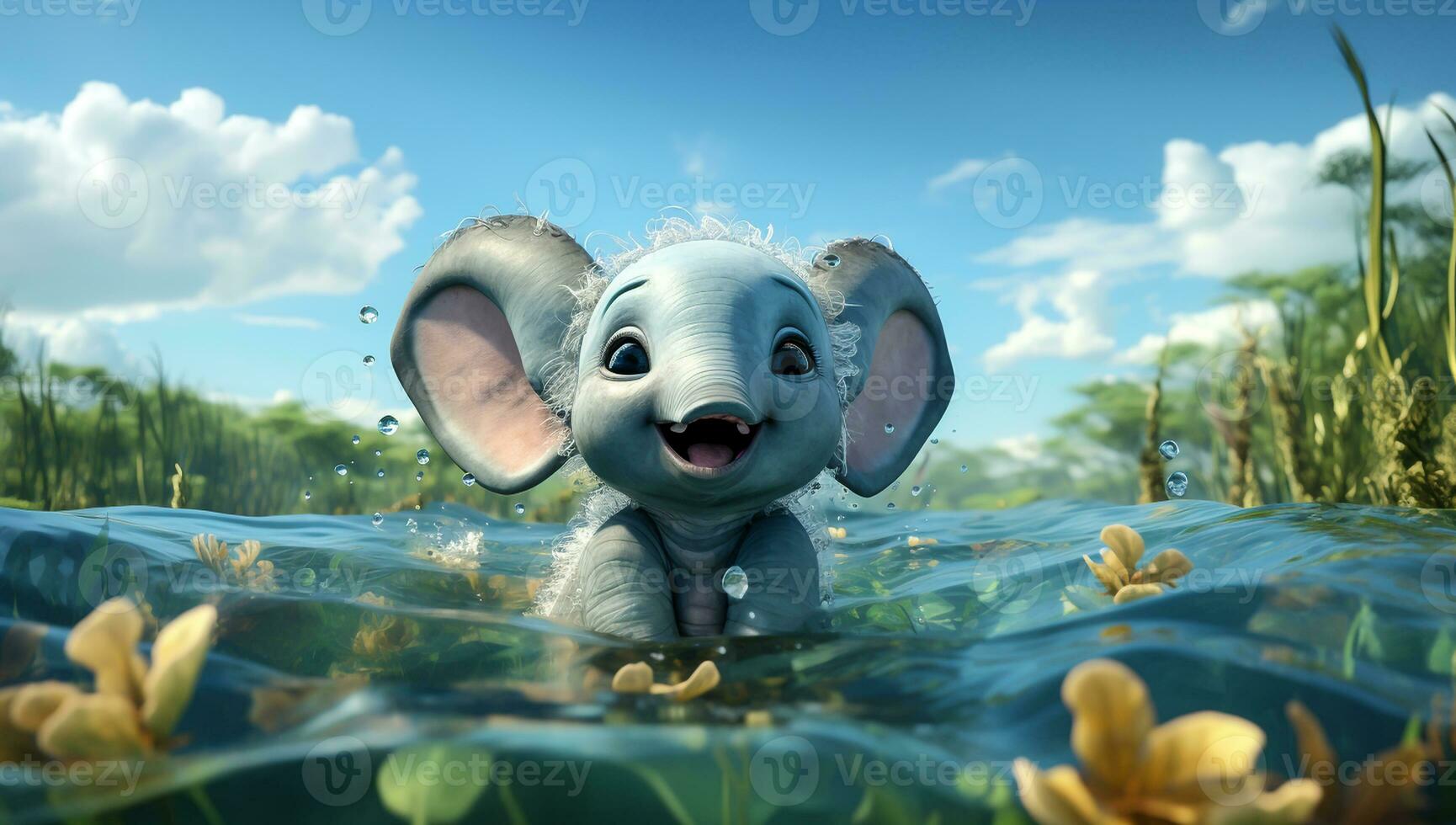 Cute cartoon of a baby elephant for illustrations for children. AI Generator photo