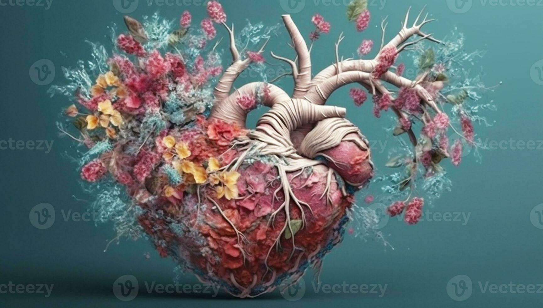 Heart made from branches of flowers. AI generated photo