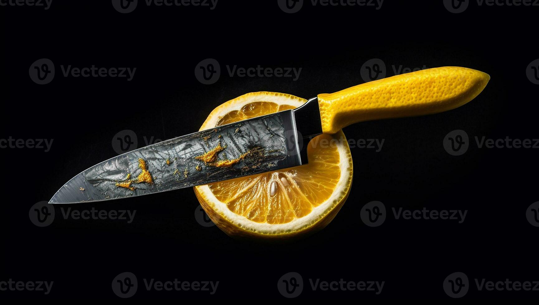 Realistic image of lemon slices with knife on dark background. AI generated photo
