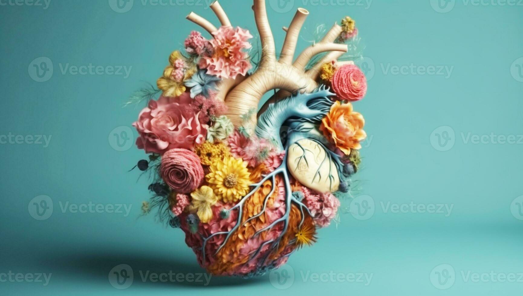 Heart made from branches of flowers. AI generated photo